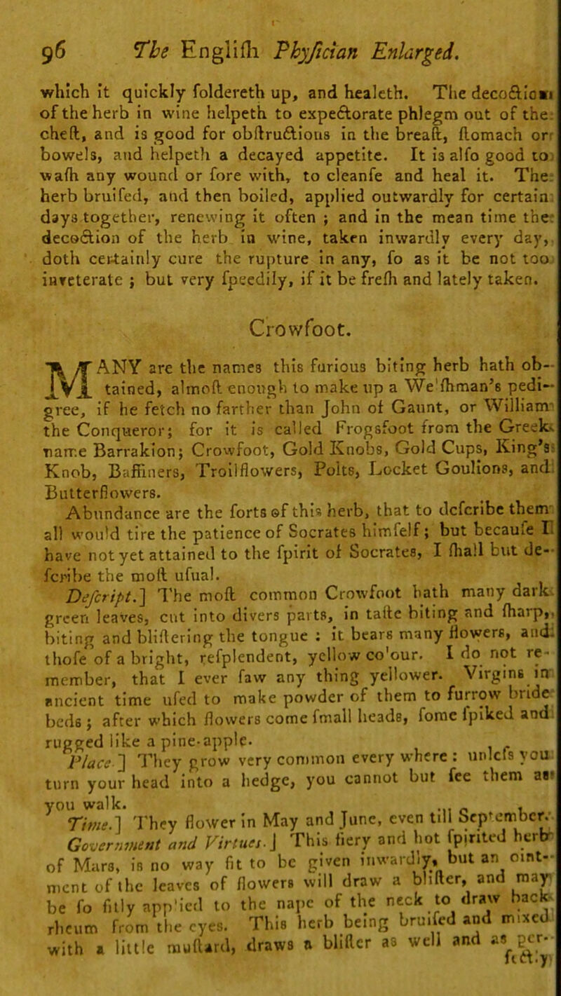 which it quickly foldereth up, and healeth. The decoftlo«i of the herb in wine helpeth to expeftorate phlegm out of the; cheft, and is good for obftruftlous in the breaft, llomach orr bowels, and helpeth a decayed appetite. It is alfo good to^ walh any wound or fore with, to cleanfe and heal it. The. herb bruifed, and then boiled, applied outwardly for certain, days together, renewing It often ; and in the mean time the; deesftion of the herb in wine, taken inwardly every day,, doth certainly cure the rupture In any, fo as it be not too inveterate j but very fpeedily, if it be frelh and lately taken. Crowfoot. Many are the names this furious biting herb hath ob- tained, almoft enough to make up a We'lhman’s pedi- gree, if he fetch no farther than John ot Gaunt, or William^ the Conqueror; for it is called Frogsfoot from the Greek-, name Barrakion; Crowfoot, Gold Knobs, Gold Cups, King’s; Knob, BafFuiers, Troitflowers, Polts, Locket Goullons, and; Butterflowers. Abundance are the forts ®f this herb, that to deferibe them' all would tire the patience of Socrates hlmfelf; but becaufe T. have not yet attained to the fpirit of Socrates, I fliall but de-- feribe the moll ufual. Defcript.'\ The moll common Crowfoot bath many dark, green leaves, cut into divers parts. In talte biting and fharp,- biting and blifterlng the tongue ; it bears many flowers, and: thofe’of a bright, refplendent, yelhrjv co'our. I do not re- member, that I ever faw any thing yellower. Virgins in ancient time ufed to make powder of them to furrow bride beds ; after which flowers come fmall heads, fomc Ipiked and. rugged like a pine-apple. Place '] They grow very common every where : unlcls you turn your head into a hedge, you cannot but fee them as* you walk. -i, o 1. Time.'] They flower in May and June, even till September Govermient and Virtues.] This fiery and hot (pinted herbr of Mars, is no way fit to be given inwardly, but an oint- ment of the leaves of flowers will draw a bhfter, and may be fo fitly app'ied to the nape of the neck to draw back- rheum frL the eyes. This herb being bru.^d and mixed with a little mulUrd, draws n bliRcr as well and as per- lict-y