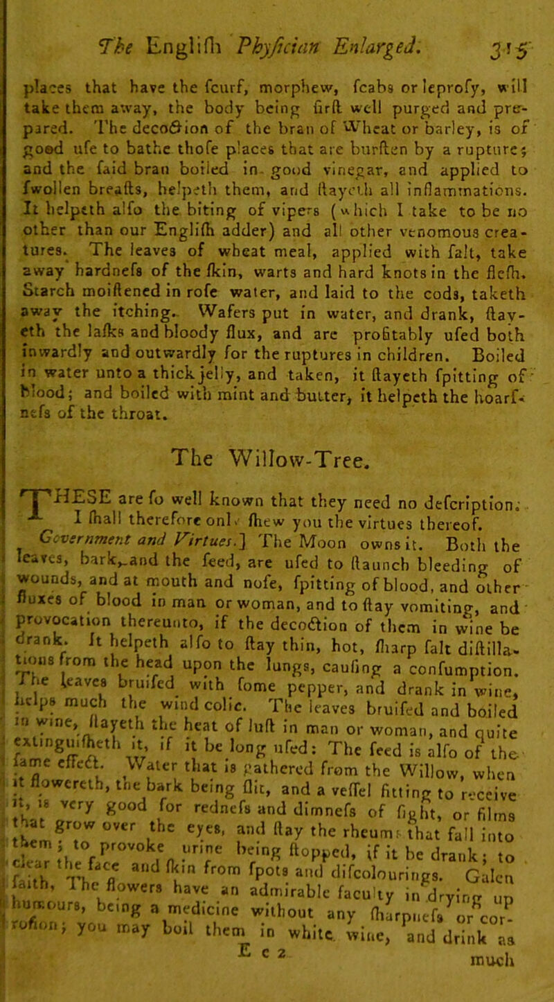 places that have the fcurf, morphew, fcabs or leprofy, will take them away, the body being firft. well purged and pre- pared. The decodion of the bran of Wheat or barley, is of goed ufe to bathe thofe places that are burden by a rupture} and the faid bran boiled in- good vinegar, and applied to fwollen breads, helpeth them, and llayei.h all inflammations. It helpeth alfo the biting of vipers (which I take to be no other than our Englifh adder) and all other venomous crea- tures. The leaves of wheat meal, applied with fait, take away' hardnefs of the Ikln, warts and hard knots in the flefh. Starch moiftened in rofe water, and laid to the cods, taketh away the itching- Wafers put in water, and drank, day- eth the la/ks and bloody flux, and arc profitably ufed both inwardly and outwardly for the ruptures in children. Boiled in water unto a thick jelly, and taken, it dayeth fpitting of- Mood; and boiled with mint and butter, it helpeth the hoarf- nefs of the throat. The Willow-Tree. 'I 'HESE are fo well known that they need no defeription; ■*- I fhali therefore onlv' fliew you the virtues thereof. C ever nment and Fir lues.'] The Moon owns it. Both the leaves, bark_and the feed, are ufed to Haunch bleeding of wounds, and at inouth and nofe, fpitting of blood, and other fluxes of blood in man or woman, and to flay vomiting, and provocation thereunto, if the decoftion of them in wine be drank, ft helpeth alfo to day thin, hot, fliarp fait diflilla- turns from the head upon the lungs, caufing a confumption. The leaves bruifed with fome pepper, and drank in wine, helps much the wind colic. The leaves bruifed and boiled in wme, flayeth the heat of lud in man or woman, and quite The feed is alfo of the lame cfFeft. Water that is gathered from the Willow, when 1 flowereih, tne bark being flit, and a veffel fitting to receive 1°'' “‘i Jimnefs of fight, or films hat grow over the eyes, and flay the rheums f^hat fall into cLaTtS.e°fr if it be drank; to fli.b fl  dJfcolourinps. Galen laith, The flowers have an admirable faculty iii drying ud humours, being a medicine without any (hlrpi.efs^or^cor^ rufion; you may boil thcni in white, wine, and drink as ^ ^ much