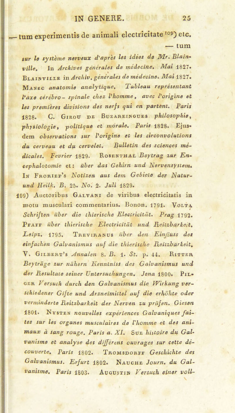 tum experimentis de animali electricitate ros) etc. — tum mr le systeme nerveux d'apres les idees de Mr. Blain- ville. In Archives generales de medecine. Mai 1827. BLAiNVirtE in Archiv. generales de medecine. Mai 1827. Manec anatomie analytique. Tableau representant Vaxe cerebro- spinale chez Vhomme, avec l'origine et les preinieres divisioris des nerjs qui en partcnt. Paris 1828. C. Girou de Buzareingues philosophia, physiologie, politique et morale. Paris 1828. Ejus* dem observations sur Vorigine et les circonvolutions du cerveau et du cervelet. Rulletin des Sciences me- dicales. Fevrier 1829. Rosenthal Boytrag zur En- eephalotomie et: uber das Gehirn und Nervensystem. In Froriep’s Notizen aus dem Gebiele der Natur- und Heilk. B. 25. No. 2. Juli 1829. 109) Auctoribus Galvani de viribus electricitatis in motu musculari commentarius. Bonon. 1791. Volta 4 Schriften iiber die thierische Electricitiit. Prag 1792. Pfaff iiber thierische Electricitiit und Reitzbarkeit. Leipz. 1795. Treviranus iiber den Einjluss des einfachen Galvanismus auf die thierische Reitzbarkeit. V. Gxlbert’s Annalen 8. B. 1. St. p. 44. Ritter Beytrdge zur niihern Ixenntniss des Galvanismus und der Resultate seiner Vntersuchungen. Jena 1800. PiL* ger Versuch durch den Galvanismus die Wirhung ver- schiedener Gifte und Arzneimiltel auf die erhohte oder verminderte Reitzbarkeit der Nerven zu priifen. Giesen 1801. Nysten nouvelles experiences Galvaniques fai- tes sur les organes musculaires de Vhomme et des ani- maux a sang rougc. Paris a. XI. Sue histoire du Gal- vanisme et analyse des differens ouvrages sur cette de- couverte. Paris 1802. Tromsdorff Geschichte des Galvanismus. Erfurt 1802. Nauciie Journ. du Gal- vanisme. Paris 1803. Auoustin Versuch einer voll-