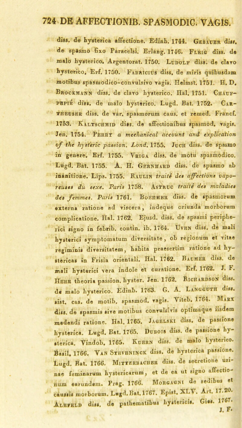 dias, de hysterica affectione. Edinb. 1744. Gebaubr dis», de spasmo fixo Paracelsi. Erlang. 174G. Flbic diss. de malo hysterico. Argentorat. 1750. Ludolf diss. de claro hysterico, Erf. 1750. Fabricius diss. de miris quibusdam motibus spasmodico-convulsivo ragis. Helmst. 1751. H. D, Brockmann diss. de claro hysterico. Hal. 1751. Chauf- fbpie diss. de malo hysterico. Lugd. Bat. 1752. Car- tiibusbr diss. de var. spasmorum caus. et remed. Francf. 1753. Kautschmid diss. de affectionibus spasmod. ragis. Jen. 1754. Periit a mcclianical aceount and explicatiori of ihe hyiteric passion. Lond. 1755. Jucii diss. de spasmo in genere. Erf. 1755. Vriga diss. de motu spasmodico. Lugd. Bat. 1755. A. H. Gernhard diss. de spasmo ab inanitione. Lips. 1755. Raulin traite det affectione vapo- reus ts da texe. Paris 1758. Astruc traite des maladiet des femmes. Paris 1761. Bobdhbr diss. de spasmorum externa ratione ad riscera, indeque oriunda morborum complicatione. Hal. 1762. Ejusd. diss. de spasmi periphe- rici signo in fobrib. contin. ib. 1764. Uvrn diss. de mali hysterici symptomatum diversitate , ob regionum et vitae regiminis diversitatem, habita praesertim ratione ad hy- stericas in Frisia orientali. Hal. 1762. Baumer diss. de mali hysterici vera indole et curatione. Erf. 1*62. J. h. Heer theoria passion. hyster. Jen. 1762. Richardson diss. d. malo hysterico. Edinb. 1763. G. A. Langgutii diss. sist. cas. de motib. spasmod. ragis. Yiteb. 1764. Mart diss. de spasmis sire motibus conrulsiris optimaque iisdem medendi ratione. Hal. 1765. Jagblski diss. de pastione hysterica. Lugd. Bat. 1765. Dubois diss. de passione hy- sterica. Vindob. 1765. Kubrn diss. de malo hysterico. Basii. 1766. Van Stevbninck diss. de hysterica passione. Lugd. Bat. 1766. Mitterbaciibr diss. de secretione uri- nae feminarum hystericarum, et de ea ut signo affectio- num earundam. Prag. 1766. Morgagni de sedibus et caussis morborum. Lugd.Bat. 1767. Epist. XLY. Art. 17.20. Alhfkld dis», do pathematibus hysterici». Gie». 1767. J. F.