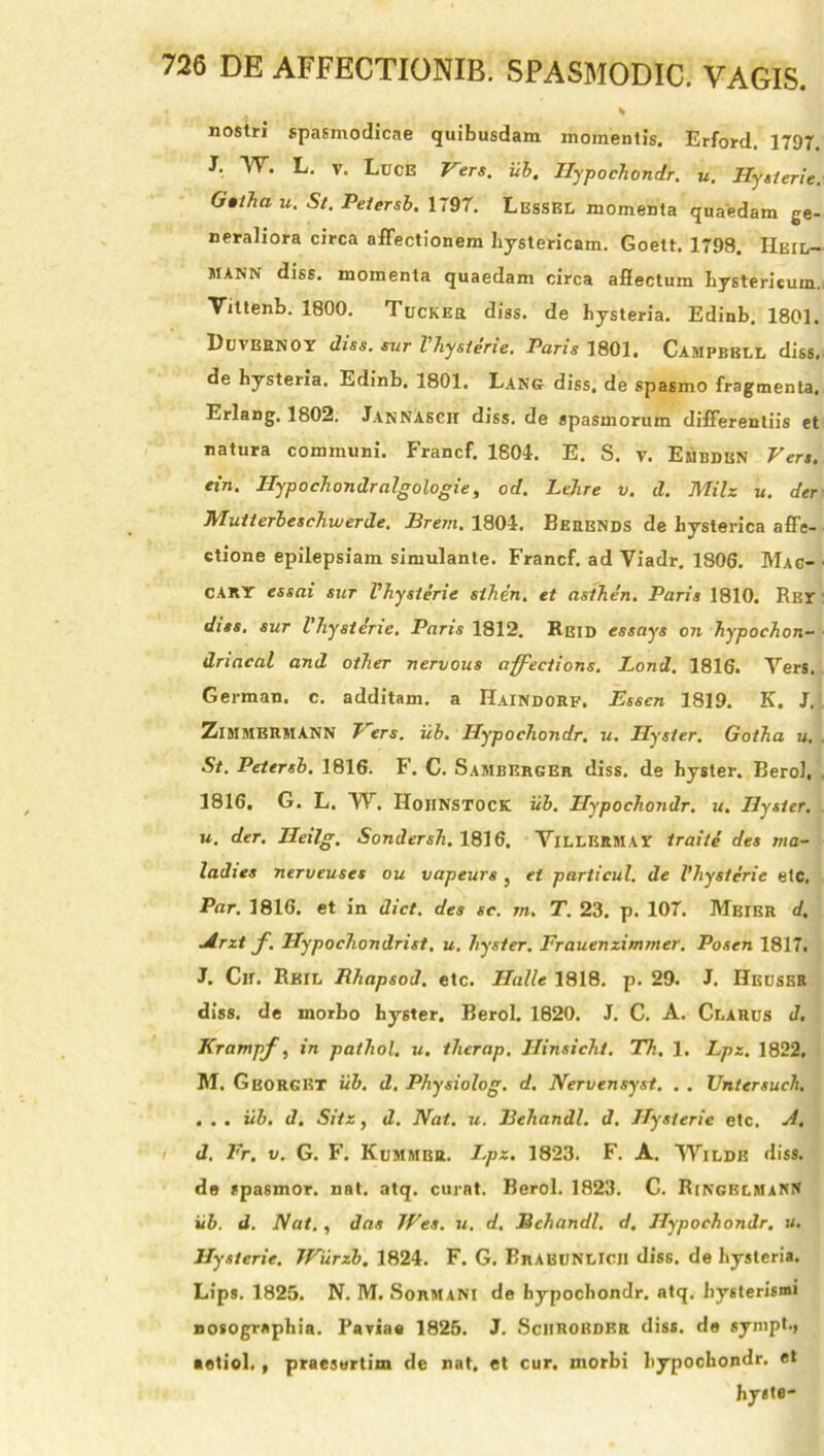 % aostri spasmodicae quibusdam momentis. Erford. 1797. J. W. L. v. Luce Vers. iib. Ilypochondr. u. Hysterie. G»lha u. St. Peiersb. 1797. Lessbl momenta quaedam ge- neraliora circa affectionem hystericam. Goett. 1799. IIeid- mann diss. momenta quaedam circa allectum hystericum. Viltenb. 1800. Tuckek diss. de hysteria. Edinb. 1801. Duvbrnoy diss. sur Vhysidrie. Paris 1801. Cajipbbll diss. de hysteria. Edinb. 1801. Lang diss. de spasmo fragmenta. Erlang. 1802. JannAsch diss. de spasmorum differentiis et natura communi. Francf. 1804. E. S. v. Ejibden Vers. ein. Ilypochondralgologie, od. LcJire v. tl. Milz u. der JVIuiterbeschwerde. Erem. 1804. Behends de hysterica affe- ctione epilepsiam simulante. Francf. ad Viadr. 1806. Mac-- cary essai sur Vhysterie sthen. et asthin. Paris 1810. Rey diss. sur Vhystine. Paris 1812. Reid essays on hypochon- driacal and other nervous affections. Lond. 1816. Yers. German. c. additam, a Haindorf. Essen 1819. K. J. ZlMMBRMANN T ers. iib. Ilypochondr. u. Hyster. Gotha u. . St. Petersb. 1816. B'. C. Samberger diss. de hyster. Berol, 1816. G. L. W. HoiINSTOCK iib. Hypochondr. u. Hyster. u. der. JIeilg. Sondersh. 1816. YlLLERMAY trahi des rna- ladies nerveuses ou vapeurs ; et particul. de Vhysterie ete. Par. 1816. et in dict. des se. rn. T. 23. p. 107. Meibr d, ■Arzt f. Ilypochondrist. u. hyster. Frauenzimmer. Posen 1817. J. Cir. Reil Rhapsod. etc. I.Jalle 1818. p. 29. J. IIeuser diss. de morbo hyster. Berol. 1820. J. C. A. Clarus J. Krampf, in patliol. u. ilierap. Ilinsicht. Th. 1. Lpz. 1822, M. Gborget iib. d. Physiolog. d. Nervensyst. . . Untersuch. . . . iib. d. Sitz, d. Nat. u. Rehandl. d. Hysterie etc. A. d. Er. v. G. F. Kummbr. Lpz. 1823. F. A. YYildb diss. de spasmor. nat. atq. curat. Berol. 1823. C. Ringblmann iib. d. Nat. , das Wes. u. d. Rehandl. d. Ilypochondr. u. Hysterie. Wiirzb. 1824. F. G. BrabunlIcii diss. de hysteria. Lips. 1825. N. M. SorMANI de hypochondr. atq. hysterismi nosographia. Pavias 1825. J. Sciirobder diss. de sympt., aetiol. , praesertim de nat. et cur. morbi hypochondr. «t hytte-