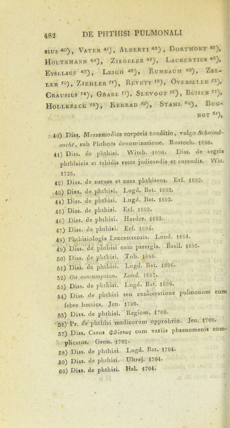 V. 482 DE PHTHISI PULMONALI 81U3 40), VATER 4'), ALBF.RTI 42) , DORTMOKT 43), HoLTZMANN 44), ZlEGEEER 45), LaLRENTICS 4 ), EySELIUS 47), LeIGH 48), R.UMBAUM 49), ZeI.- EER JO), ZlEHLER !1), RevKTY*2), OvERSEI.LK «)» Crausius 54), Grabe 55), Slevogt56), Blmsen 57), HOLLEBECK 58), I\EKRAD 59), STAHI. r‘J) , Lt'G- NOT 6l)> 40) Diss. Marasmodica corporis conditio, vulgo Schunnd- sucht, sub Phthoes denominatione. Rostoch. 1690. 41) Diss. de phthisi. Witeb. 1690. Diss. de aegris phthisicis et tabidis recte judicandis et curandis. Wit. 1726. 42) Diss. de natura et cura plithiseos. Erf. 1C92. .43) Diss. de phthisi. Lugd. Dat. 1692. 44) Diss. de phthisi. Lugd. P.at. 1692. 45) Diss. de phthisi. Erf. 1692. 46) Diss. de phthisi. Harder. 1693. 47) Diss. de phthisi. Erf. 1694. 48) Phthisiologia Lancastrensis. Lond. 1694. 49) Diss. de phthisi cum parergis. Basii. 1695. 50) Diss. de phthisi. Tub. 1696- 51) Diss. de phthisi. Lugd. Bat. 1696- 52) On consurnp/ion. Lond. 1697. 53) Diss. de phthisi. Lugd. Bat. 1699. 54) Diss. de phthisi seu exulceratione pulmonum cum febre hectica. Jen. 1700. 55) Diss. de phthisi. Regiom. 1700. 56) Pr. de phthisi medicorum Opprobrio. Jen. 1,00. 57) Diss. Casus QftVra* cum variis phaenomenis com- plicatus. Gron. 1702- 58) Diss. de phthisi. Lugd. Rat. 1,04* 59) Diss. de phthisi. Ultraj. 1704. 60) Lite, de phthisi. Hal. 1704.