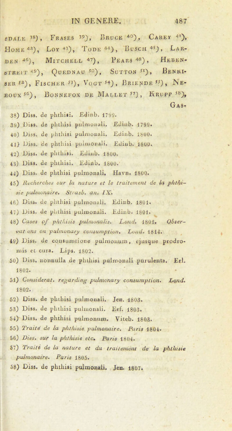 SDAEE 38), FrASES 39), BrUCE 40) , CaKEY 4')* Home42), Loy 4’), Tode44), Busch45), Lar- DEN 46), MlTCHELL 47) , PEARS48), HeBEN- 6TRE1T 49), QuEDNAU yo), SuTTON 5I) , BeNKX- SEU 5J), FlSCHER JJ), VoGT54), BrIENDE55), Ne- boux50), Bonnefox de Mallet57), Krupp 58), G AS* 38) Diss. de phthisi. Edinb. 1799. 39) Diss. de phthisi pulmonali. Edinb. 1799» 40) Diss. de phthisi pulmonali, Edinb. 1800. 41} Diss. de phthisi pulmonali. Edinb. 1800. 42) Diss. de phthisi. Edinb. 1800. 43) Diss. de phthisi. Edinb. 1800. 44) Diss. de phthisi pulmonali, Havn. 1800. 45) Recherches sur la nature et le traitement de la phthi- sis pulmonaire. Strasb. an. IX. 40) Diss. de phthisi pulmonali. Edinb. 1801. 47) Diss. de phthisi pulmonali. Edinb. 1801. 48) Cases of phthisis pulmonalis. Lo/id. 1801. Obser- vat uns on pulmonary consumption. Lo/id. 1814. 49') Diss. de consumiione pulmonum, ejusque prodro- mis et cura. Dips. 1802. 50) L)iss. nonnulla de pluhisi pulmonali purulenta. Eri. 1802. 51) Considerat, regarding pulmonary consumption. Lond. 1802. 62) Diss. de phthisi pulmonali. Jen. 1803. 53) Diss. de phthisi pulmonali. Erf. 1803. 54) Diss. de phthisi pulmonum. Viteb. 1803. 55) Traite' de la phthisie pulmonaire. Paris 1804. 56) Diss. sur la phthisie elc. Paris 1804. 57) Traite de la nature et da traitement de la phthisie pulmonaire. Paris 1805. 58) Diss. de phthisi pulmonali, Jen. 1807.