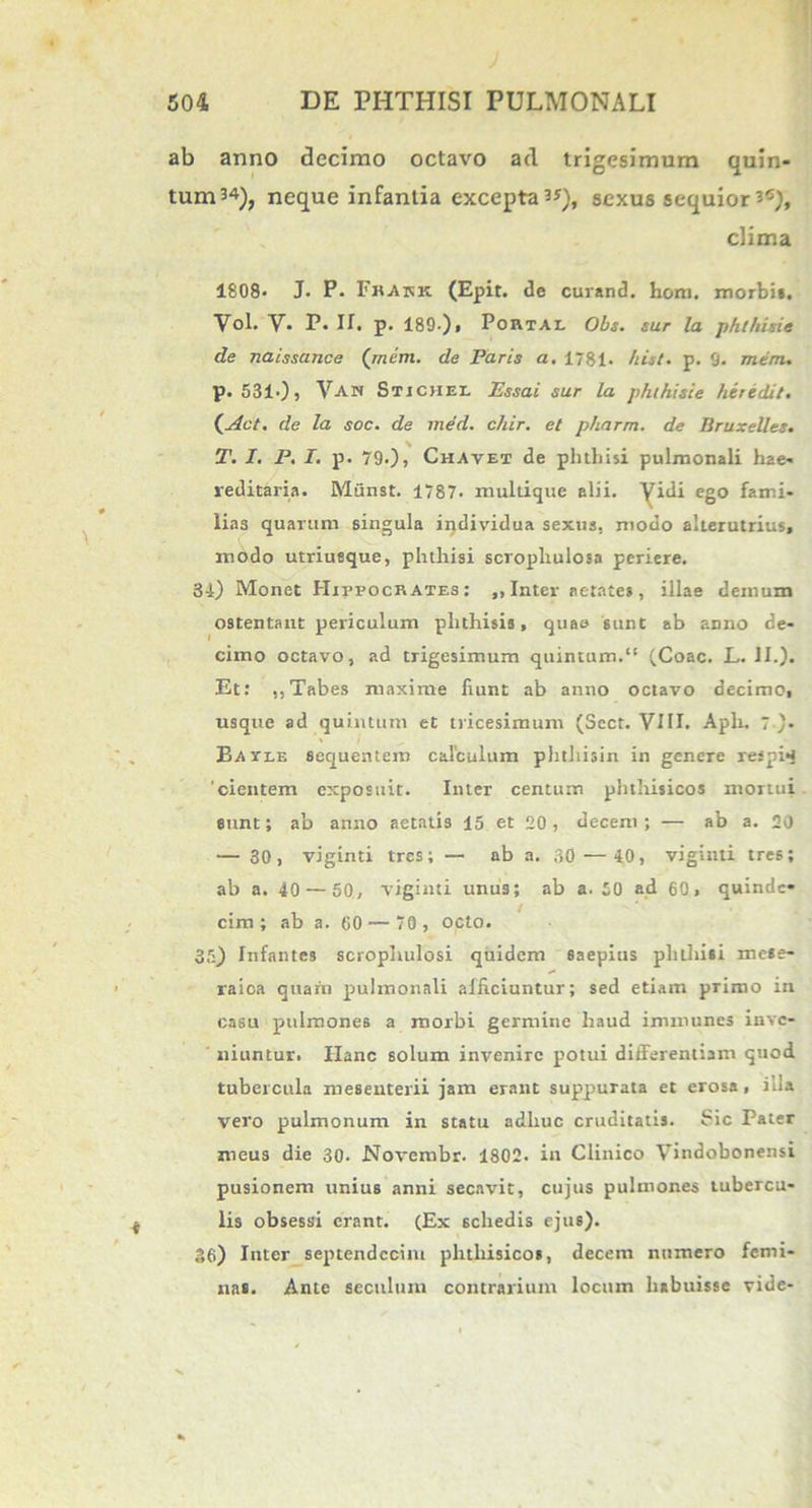 ab anno decimo octavo ad trigesimum quin- tum neque infantia excepta”)» sexus sequior’c), clima 1808- J. P. Frakk (Epit. de curand. hom. morbi», Vol. V- P* II. p, 189-), Portal Obs. sur la phthisis de naissance (rnem. de Paris a. 1781- hist. p. (j. mem. p. 531.), Van Sti chei Essa i sur la p/uhisie hir edit. (.Act. de la soc. de med. chir. et pharm. de Bruxelles. T. I. P. I. p. 79.)» Chavet de phthisi pulmonali h2e- reditaria. Munst. 1787. mullique alii, yidi ego fami- lias quarum singula individua sexus, modo alterutrius, modo utriueque, phthisi scrophulosa periere. 34) Monet Hippocrates: ,, Inter aetates, illae demum ostentant periculum phthisis, quae sunt ab anno de- cimo octavo, ad trigesimum quintum.“ (Coae. L. II.). Et: ,, Tabes maxime iiunt ab anno octavo decimo, usque ad quintum et tricesimum (Scct. VIII. Aph. 7 ). Eavle sequentem calculum phthisin in genere reipbj 'cientem exposuit. Inter centum phthisicos mortui sunt; ab anno aetatis 15 et 20, decem; — ab a. 20 — 30 , viginti tres; — ab a. 30 — 40, viginti tres; ab a. 40 — 50, viginti unus; ab a. 50 ad 60» quinde- cim; ab a. 60 — 70 , octo. 35) Infantes scrophulosi quidem saepius phthiii mese- raioa quam pulmonali afficiuntur; sed etiam primo in casu pulmones a morbi germine haud immunes inve- niuntur. Hanc solum invenire potui differentiam quod tubercula mesenterii jam erant suppurata et erosa» illa vero pulmonum in statu adhuc cruditatis. Sic Pater meus die 30- Novembr. 1802. in Clinico Vindobonensi pusionem unius anni secnvit, cujus pulmones tubercu- lis obsessi erant. (Ex schedis ejus). 36) luter septendecim phthisico», decem numero femi- na». Ante secitlum contrarium locum habuisse vide-