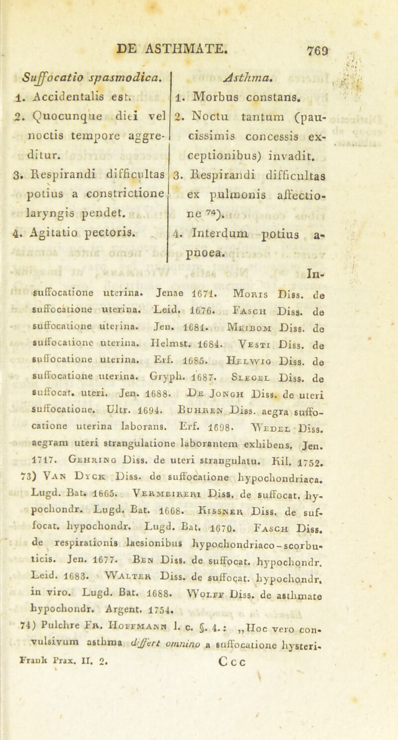 Suffocatio spasmodica. 1. Accidentalis est. 2. Quocunque diei vel noctis tempore aggre- ditur. 3. Respirandi difficultas N potius a constrictione laryngis pendet. 4. Agitatio pectoris. Asthma. 1. Morbus constans. 2. Noctu tantum (pau- cissimis concessis ex- ceptionibus) invadit. 3. Respirandi difficultas ex pulmonis affectio- ne ™), 4. Interdum potius a- pnoea. In- suffocatione uterina. Jenae 1671. Moris Diss. de suffocatione uterina. Leid. 1676. Fascii Diss. de suffocatione uterina. Jen. 1681- Metbom Diss. de suffocatione uterina. Helmst. 1684. Vesti Diss. de suffocatione uterina. Erf. 1685. Helwio Diss. de suffocatione uterina. Grypli. 1687. Slegel Diss. de suffocat, uteri. Jen. 1688. De Jongh Diss. de uteri suffocatione. Ultr. 1694. Buhren Diss. aegra suffo- catione uterina laborans. Erf. 1698* Wedel Diss. aegram uteri strangulatione laborantem exhibens, Jen. 1717. Gehring Diss. de uteri strangulatu. Kil. 1752. 73) Vas Dyck Diss. de suffocatione hypochondriaca. Lugd. Bat. 1665. Vermeireri Diss. de suffocat, liy- pochondr. Lugd. Bat. 1668. Iussner Diss. de suf- focat. hypochondr. Lugd. Bat. 1670. Fasch Diss. de respirationis laesionibus hypochondriaco-scorbu- ticis. Jen. 1677. Ben Diss. de suffocat, hypochondr. Leid. 1683. \valter Diss. de suffocat, hypochondr, in viro. Lugd. Bat. 1688. Wolee Diss. de asthmate hypochondr. Argent. 1754. 74) Pulchre Fr. Hoeemakh 1. c. §. 4.: „II0c vero con- vulsivum asthma dijjert omnino a suffocatione liysteri- Fraulr Frax. II. 2. C C C