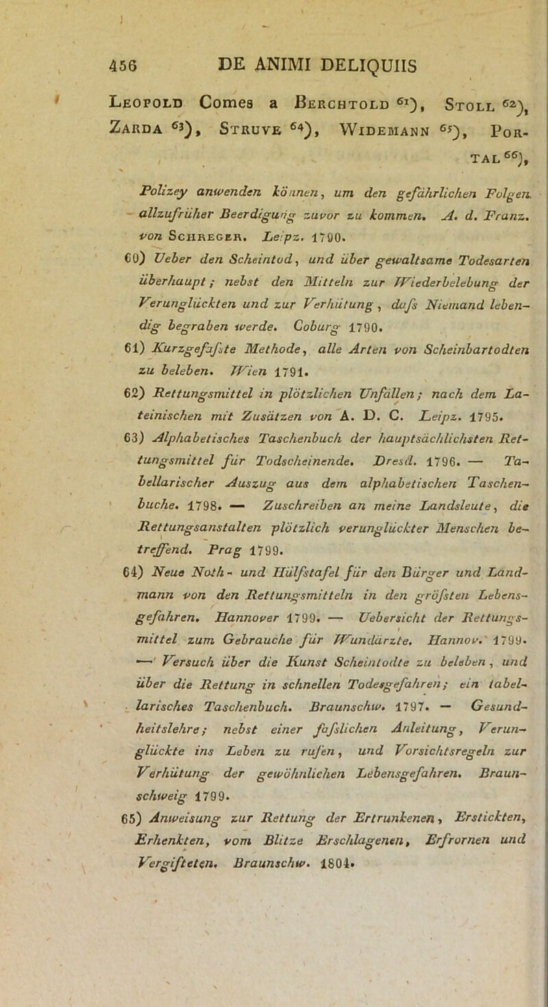 ) 456 DE ANIMI DELIQUIIS Leopold Comes a Berchtold Stoll ZaRDA StRUVE WlDEMANN PoR- TAL Folizey anwenden konnen, um den gefdhrlichen Folgen. allzufriiher Beerdigung zuvor zu kommen. A, d. Franz. von ScHREGEH. Leipz, 1790. CO) Ueber den Scheintod, und iiber gewaltsame Todesarten Uberhaupt; nebst den Mitteln zur TFiederbelebung der Verungliiekten und zur Verhiitung , dufs Niemand leben- dig begraben werde. Coburg 1790. 61) Kurzgefafite Methode, alie Arlen von Scheinbartodten zu beleben. TVien 1791. 62) Rettungsmittel in plotzlichen Unfdllen; nach dem La- teinischen mit Zusdtzen von A. D. C. Leipz. 1795. 63) Alphabetisches Taschenbuch der hauptsdchlichsten Ret~ tungsmittel fur Todscheinende, Dresd. 1796. — Ta- bellarischer Auszug aus dem alphabetischen Taschen-~ buche. 1798. — Zuschreiben an meine Landsleute, die Rettungsanstalten pldtzlich verungliickter Menschen be~ treffend, Prag 1799, 64) Neua Noth- und Hillfstafel fiir den Biirger und Land~ mann von den Rettungsmitteln in den grdfsten Lebens- gefahren. Hannover 1799. — Uebersicht der Rettungs- miltel zum Gebrauche ftir TFunddrzte, Hannov,' 1799. —' Versuch iiber die Kunst Scheinlodte zu beleben , und Uber die Rettung in schnellen Todeegefahren; ein tabel-. i larisches Taschenbuch, Braunschtv. 1797. — Gesund~ heitslehre; nebst einer fafslichen Anleitung, Verun- gluckte ins Leben zu rufen, und Vorsichtsregeln zur Verhutung der gewdhnlichen Lebensgefahren. Braun- schweig 1799. 65) Anweisung zur Rettung der Ertrunhenen, Erstickten, Erhenkten, vom Blitze Erschlagenen, Erfrornen und Vergifteten, Braunschw. 1804«