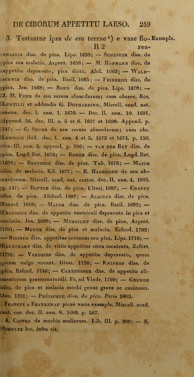 3. Testantur ipsa de esu terrae4) e vase flo-Exempla. R 2 rea- chaelis diss. de pica. Lips. 1638; — Sciiuster diss. de pica seu malacia. Argent. 1658; — M. Hofmann diss. de appetitu depravato, pica dicto. Altd. 1662; — Wald- -SCHMID diss. de pica. Basii. 1665; — Friderici diss. de ;pica. Jen. 1668; — Boiin diss. de pica. Lips. 1670; — JJ. M. Fehr de esu rerum absurdarum; cum observ. Ros. LLentilii et addendis G. Detharding. Miscell. acad. nat. curios. dec. 1. ann. 1. 1670. — Dec. II. ann. 10. 1691. Append. 56. dec. III. a. 5 et 6. 1697 et 1698. Append. p. 1147; — G. Seger de esu rerum absurdarum; cum obs. 'Lentilii ibid. dec. I. ann. 4 et 5. 1673 et 1674. p. 150. dec. III. ann. 3. append. p. 106; — van DER Bay diss. de ;pica. Lugd. Bat. 1676,* — Bergh diss. de pica. Lugd. Bat. 11676; — Brotbeck diss. de pica. Tub. 1676; — Major diss. de malacia. Kil. 1677; — E. HagedorN de esu ab- surdorum. Miscell. acad. nat. curios. dec. II. ann. 4. 1685. :p. 147; — Better diss. de pica. Ultraj. 1687; — Cnopff diss. de pica. Altdorf. 1687; — Albinus diss. de pica. IFrancf. 1690; — Maler diss. de pica. Basii. 1692; — (Craussius diss. de appetitu ventriculi depravato in pica et :malacia. Jen. 1698; — Mergilet diss. de pica. Argent. 11701. — Meter diss. de pica et malacia. Erford. 1702; — Rivinus diss. appetitus erroneus seu pica. Lips. 1719; — 1'Klunckart diss. de vitiis appetitus circa esculenta. Erfort. 11726; — Verdries diss. de appetitu depravato, quem [picam vulgo vocant. Giess. 1726; — Kniphof diss. de [pica. Erford. 1746; — Cartheuser diss. de appetitu ali- . rmentorum praeternaturali. Fr. ad Viadr. 1760; —- Gruner diss. de pica et malacia morbi genus grave ac curiosum. IJen. 1791; — Prejacque diss, du pica. Paris 1803. Francus a Frankenau picae varia exempla. Miscell. acad. ■ nat. cur. dec. II. ann. 8. 1689. p. 567. A. Castro de morbis mulierum. Lib. III. p. 399; — S. ' ScfiULTZ loc. infra cit.