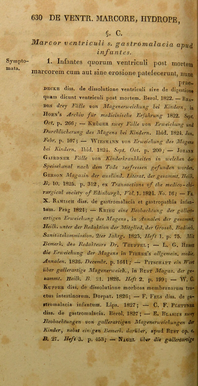 Sympto- mata. 630 DE VENTR. MARCORE, HYDROPE, §. C. Marcor v entriculi s. gastromalacia apud i nf a n t es. 1. Infantes quorum ventriculi post mortem i marcorem cum aut sine erosione patefecerunt, nunc i prae- DECKB diss. de dissolutione ventriculi sive de digestione quam dicunt ventriculi post mortem. Berol. 1822. — Rha- DES drey Falle von J\dageneriveichung hei Kindern, Jn j Horn’s Archiu fur medicinische Erfahrung 1822. Sept, ; Oct, p. 266; — Kruger zivey Falle von Erweichung und Diirehlocherung des Jllagens hei Kindern. Ibid. 1821. Jan. Febr. p. 10Tj — YYIESMANN von Erweichung des JWagent hei Kindern. Ibid. 1824. Sept. Oct. p. 200; — Johann Gairdner Falle von Kinderkrankheiten in welchen der Speisekanal nach dem Fode zerfressen gefunden worden, ? GersoN Magazin der ausland. Lilerat. der gesammt. Heill, B. 10. 1825. p. 312, ex Fransactions of ihe medico - chi- j rutgical society of Edinhurgh. Vol. 1. 1824. No. 16; — F&. X. Ramiscii diss. de gastromalacia et gastropatbia infan- j tum. Prag 1824; — Krieg eine Eeobachtung der gallert- artigen ErweicJrung des Magens, in Annalen der gesammt, Heilk. unter der Redaktion der TVhtglied. der Grossh. Badisch, Sanitdtskomrnission. 2ter Jahrg. 1825. Heft 1. p. 75. Mit Bemerk. des Bedakteurs Dr. Teuffel; — L. G. Hessb die Eriveichimg der Magens in Pierer’s allgemein. medie. , Annalen. 1826* Decemhr. p. 1641; — Pitschaft ein Wort | iiher gallerartige Magenenveich., in Rust Magaz. der ge- sammt. Heilk. B. 21. 1826. Ileft 2. p. 199; — W. C. Kupfer diss. de dissolutione morbosa membranarum tra- ctus intestinorum. Dorpat. 1825; — F. Fees diss. de ga- stromalacia infantum. Lips. 1827; — C. F. Pcbttner diss. de gastromalacia. Berol. 1827; — E. Blasius zwey Beohachiungen von gallerariigen Magenerweichungen der Kinder, nebat einigen Bemerk. dajdiber, apud Rust Op. c.