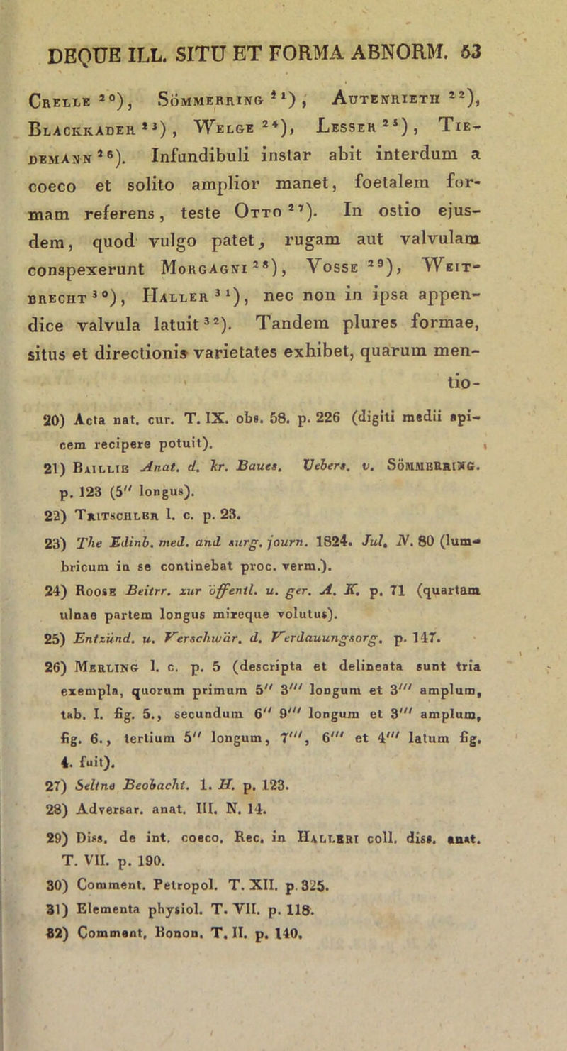 Crelle 20), Sommerring *l) , Atjtenrieth 22), Blackkader *3) , Welge **), Lesser23), Tie- demam’6). Infundibuli inslar abit interdum a coeco et solito amplior manet, foetalem for- mam referens, teste Otto27). In ostio ejus- dem, quod vulgo patet, rugam aut valvulam conspexerunt Morgagni 2S), Vosse 29), YYeit- brecht 3 °), Haller31), nec non in ipsa appen- dice valvula latuit32). Tandem plures formae, situs et directionis varietates exhibet, quarum men- tio- 20) Acta nat. cur. T. IX. obs. 58. p. 226 (digiti medii api- cem recipere potuit). 21) Baillib Anat. d. kr. Baues. Vehere. v. SoittMBRRlXG. p. 123 (5 longus). 22) Tritschlbr 1. c. p. 23. 23) The Edinb. mei. ani surg. journ. 1824. Jul, iV. 80 (lum- bricum in se continebat proc. yerm.). 24) Roose Beitrr. zur 'uffenil. u. ger. A. K, p. 71 (quartam ulnae partem longus mireque volutus). 25) Eniziind. u. Verschwar. d. Veriauungsorg. p. 147. 26) Merling 1. c. p. 5 (descripta et delineata sunt tria exempla, quorum primum 5 3/;/ longum et 3' amplum, tab. I. fig. 5., secundum 6 longum et 3' amplum, fig. 6., tertium 5 longum, 7/, 6' et 4' latum fig. 4. fuit). 27) Seltne Beohacht. 1. H. p. 123. 28) Adversar, anat. III. N. 14. 29) Diss. de int, coeco. Rec, in Halebri coli. diss. «nat. T. VII. p. 190. 30) Comment. Petropol. T. XII. p. 325. 31) Elementa pbysiol. T. VII. p. 118. 82) Comment, Ronon. T. II. p. 140.