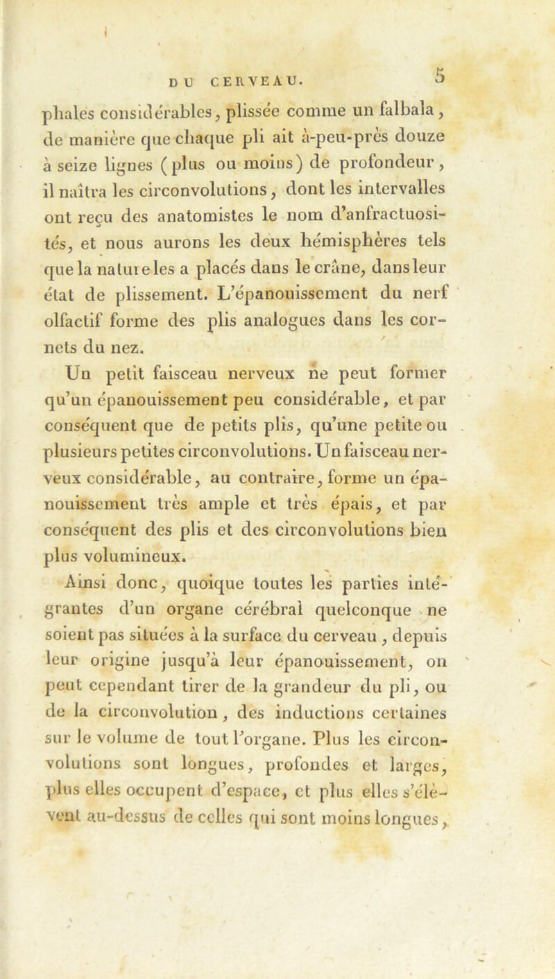 \ DU CERVEAU. 3 phalés considérables, plissée connue un falbaia, de manière que chaque pli ait à-peu-pres douze à seize lignes (plus ou moins) de profondeur, il naîtra les circonvolutions, dont les intervalles ont reçu des anatomistes le nom d’anfractuosi- tés, et nous aurons les deux hémisphères tels que la nature les a placés dans le crâne, dansleur état de plissement. L’épanouissement du nerf olfactif forme des plis analogues dans les cor- nets du nez. Un petit faisceau nerveux ne peut former qu’un épanouissement peu considérable, et par conséquent que de petits plis, qu’une petite ou plusieurs petites circonvolutions. Un faisceau ner- veux considérable, au contraire, forme un épa- nouissement très ample et très épais, et par conséquent des plis et des circonvolutions bien plus volumineux. Ainsi donc, quoique toutes les parties inté- grantes d’un organe cérébral quelconque ne soient pas situées à la surface du cerveau , depuis leur origine jusqu’à leur épanouissement, on peut cependant tirer de la grandeur du pli, ou de la circonvolution, des inductions certaines sur le volume de tout l’organe. Plus les circon- volutions sont longues, profondes et larges, plus elles occupent d’espace, et plus elles s’élè- vent au-dessus de celles qui sont moins longues, r