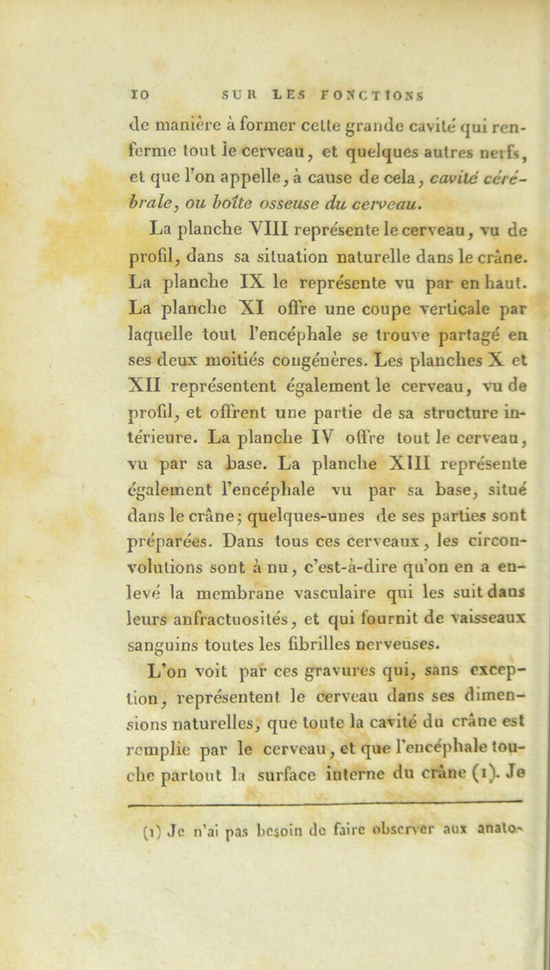 de manière à former celle grande cavité qui ren- ferme tout le cerveau, et quelques autres neifs, et que Ton appelle, à cause de cela, cavité céré- brale, ou boite osseuse du cerveau. La planche VIII repre'sente le cerveau, vu de profil, dans sa siluation naturelle dans le crâne. La planche IX le représente vu par en haut. La planche XI offre une coupe verticale par laquelle tout l’encéphale se trouve partagé en ses deux moitiés congénères. Les planches X et XII représentent également le cerveau, vu de profil, et offrent une partie de sa structure in- térieure. La planche IV offre tout le cerveau, vu par sa hase. La planche XIII représente également l’encéphale vu par sa base, situé dans le crâne; quelques-unes de ses parties sont préparées. Dans tous ces cerveaux, les circon- volutions sont à nu , c’est-à-dire qu’on en a en- levé la membrane vasculaire qui les suit dans leurs anfractuosités, et qui fournit de vaisseaux sanguins toutes les fibrilles nerveuses. L’on voit par ces gravures qui, sans excep- tion, représentent le cerveau dans ses dimen- sions naturelles, que toute la cavité du crâne est remplie par le cerveau, et que l’encéphale tou- che partout la surface interne du crâne (i). Je (i) Je n’ai pas besoin de faire observer aux anato-