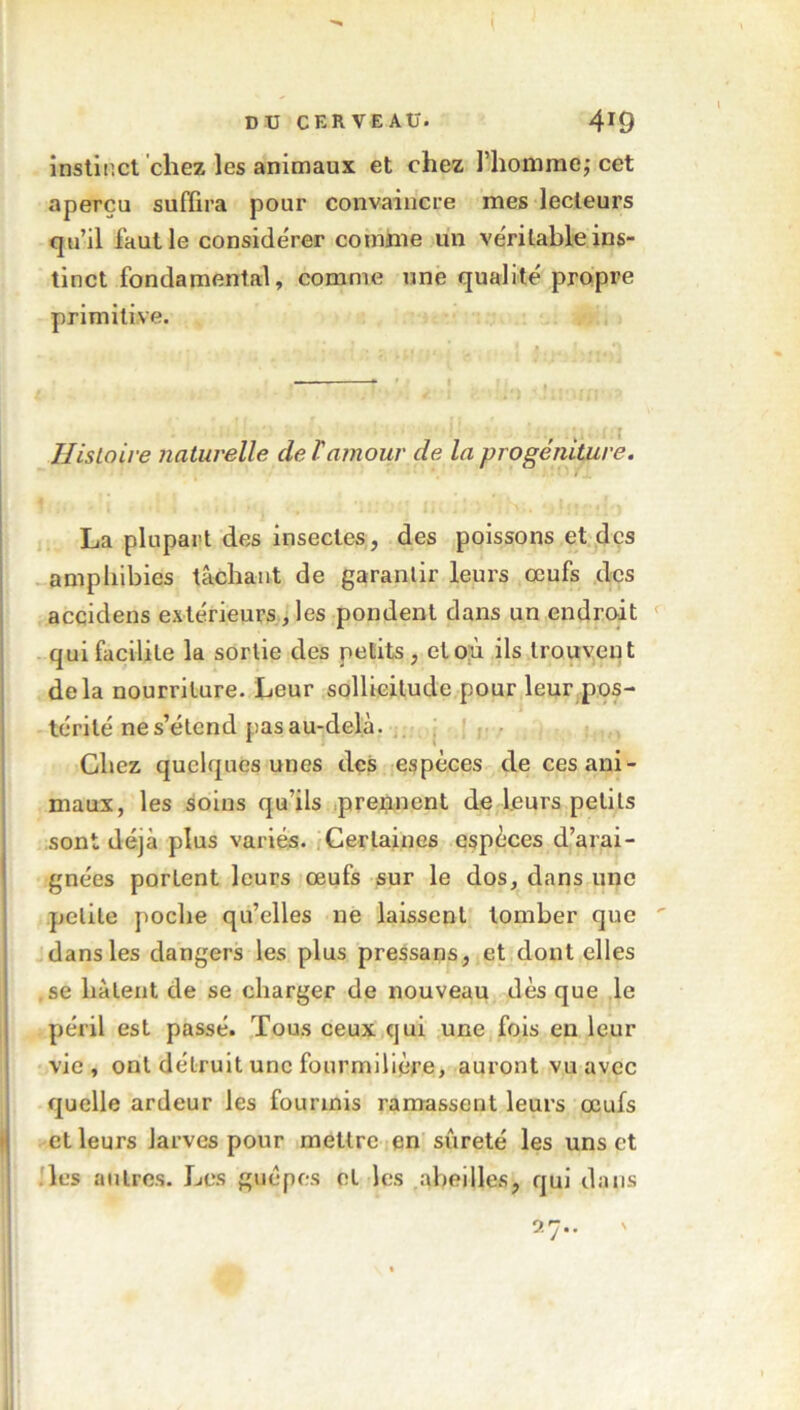 instinct chez les animaux et chez l’homme; cet aperçu suffira pour convaincre mes lecteurs qu’il faut le considérer comme un ve'ritable ins- tinct fondamental, comme une qualité propre primitive. Histoire naturelle de T amour de la progéniture. La plupart des insectes, des poissons et des amphibies tâchant de garantir leurs œufs des accidens extérieurs, les pondent dans un endroit qui facilite la sortie des petits, etoù ils trouvent delà nourriture. Leur sollicitude pour leur pos- térité ne s’étend pas au-delà. * Chez quelques unes des espèces de ces ani- maux, les soins qu’ils prennent de leurs petits sont déjà plus variés. Certaines espèces d’arai- gnées portent leurs œufs sur le dos, dans une petite poche qu’elles ne laissent tomber que dans les dangers les plus pressans, et dont elles se hâtent de se charger de nouveau dès que le péril est passé. Tous ceux qui une fois en leur vie, ont détruit une fourmilière, auront vu avec quelle ardeur les fourmis ramassent leurs œufs et leurs larves pour mettre en sûreté les uns et les autres. Les guêpes et les abeilles, qui dans Orj..