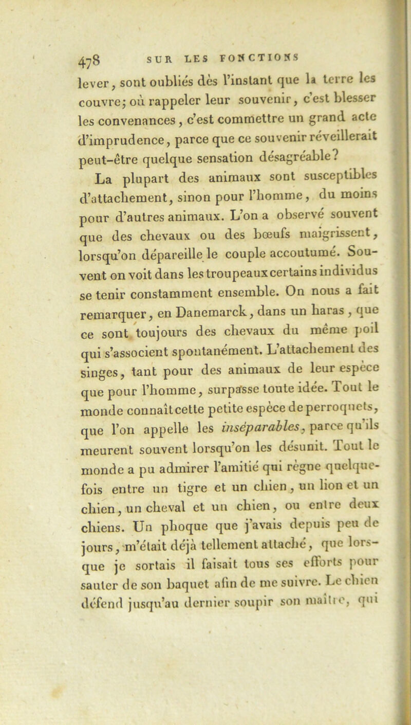 lever, sont oubliés dès l’instant que la terre les couvre ; où rappeler leur souvenir, c est blesser les convenances, c’est commettre un grand acte d’imprudence, parce que ce souvenir réveillerait peut-être quelque sensation désagréable? La plupart des animaux sont susceptibles d’attacliement, sinon pour l’homme, du moins pour d’autres animaux. L’on a observé souvent que des chevaux ou des bœufs maigrissent, lorsqu’on dépareille le couple accoutume. Sou- vent on voit dans les troupeaux certains individus se tenir constamment ensemble. On nous a fait remarquer, en Danemarck., dans un haias , que ce sont toujours des chevaux du même poil qui s’associent spontanément. L’attachemenL des singes, tant pour des animaux de leur espèce que pour l’homme, surpasse toute idee. Tout le monde connaîtcette petite espèce de perroquets, que l’on appelle les inséparables, parce qu’ds meurent souvent lorsqu on les désunit, bout le monde a pu admirer l’amitié qui règne quelque- fois entre un tigre et un chien , un lion et un chien, un cheval et un chien, ou entre deux chiens. Un phoque que j avais depuis peu de jours, m’était déjà tellement attaché, que lors- que je sortais il faisait tous ses efforts pour sauter de son baquet afin de me suivre. Le i bien défend jusqu’au dernier soupir son mailie, qui