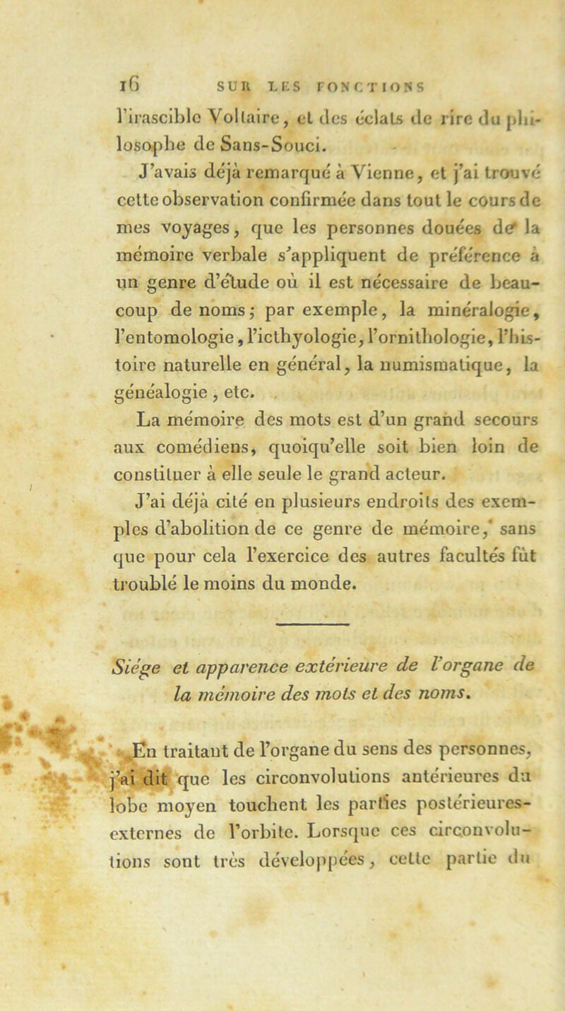 l’irasciblo Voltaire, et des éclats de rire du phi- losophe de Sans-Souci. J’avais déjà remarqué à Vienne, et j’ai trouvé celte observation confirmée dans tout le cours de mes voyages, que les personnes douées de? la mémoire verbale s’appliquent de préférence a un genre d’élude où il est nécessaire de beau- coup de noms; par exemple, la minéralogie, l’entomologie, l’icthyologie, l’ornithologie, l’his- toire naturelle en général, la numismatique, la généalogie , etc. La mémoire des mots est d’un grand secours aux comédiens, quoiqu’elle soit bien loin de constituer à elle seule le grand acteur. J’ai déjà cité en plusieurs endroits des exem- ples d’abolition de ce genre de mémoire/ sans que pour cela l’exercice des autres facultés fût troublé le moins du monde. Siège et apparence extérieure de l'organe de la mémoire des jnots et des noms. ,En traitant de l’organe du sens des personnes, j’ai dit que les circonvolutions antérieures du lobe moyen touchent les parties postérieures- externes de l’orbite. Lorsque ces circonvolu- tions sont très développées, cette partie du