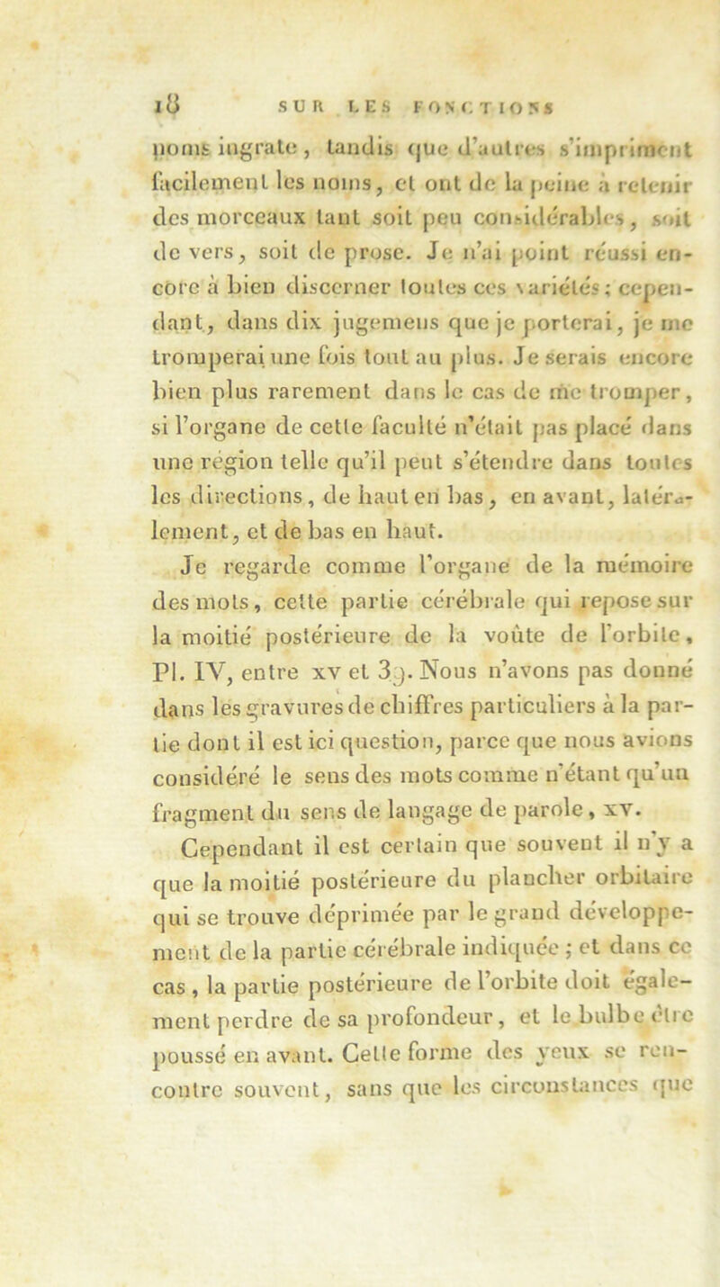 ppms ingrate , taudis tjue d’autres s'impriment facilement les noms, et ont de la peine à retenir des morceaux tant soit peu considérables, soit de vers, soit de prose. Je n’ai point réussi en- core à bien discerner toutes ces \ariélés; cepen- dant, dans dix jugemeus que je porterai, je me tromperai une fois tout au plus. Je serais encore bien plus rarement dans le cas de inc tromper, si l’organe de cette faculté n’était pas placé dans une région telle qu’il peut s’étendre dans toutes les directions, de haut en bas, en avant, latéra- lement, et de bas en haut. Je regarde comme l’organe de la mémoire des mots, cette partie cérébrale qui repose sur la moitié postérieure de la voûte de l’orbite, PI. IV, entre xv et 3.). Nous n’avons pas donné dans les gravures de chiffres particuliers à la par- tie dont il est ici question, parce que nous avions considéré le sens des mots comme n’étant qu’un fragment du sens de langage de parole, xv. Cependant il est certain que souveut il n’y a que la moitié postérieure du plancher orbitaire qui se trouve déprimée par le grand développe- ment de la partie cérébrale indiquée ; et dans ce cas , la partie postérieure de l’orbite doit égale- ment perdre de sa profondeur, et le bulbe cire poussé en avant. Celle forme des yeux se ren- contre souvent, sans que les circonstances que