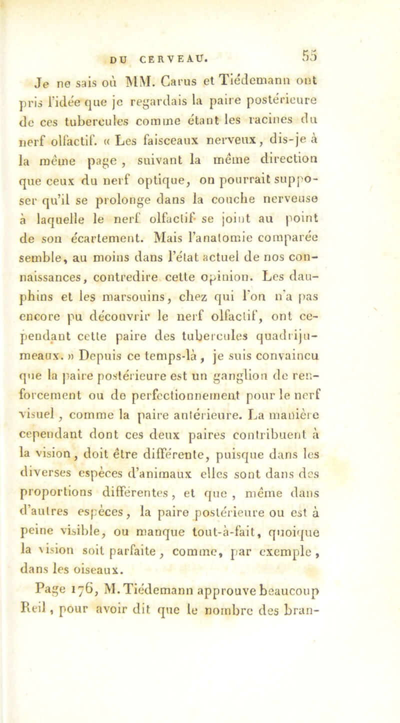 Je ne sais où MM. Gai ns et Tie'cîcmann ont pris l’ide'e que je regardais la paire postérieure de ces tubercules comme étant les racines du nerf olfactif. «Les faisceaux nei-veux, dis-je cà la même page , suivant la meme direction que ceux du nerf optique, on pourrait suppo- ser qu’il se prolonge dans la couche nerveuse à laquelle le nerf olfactif se joint au point de son écartement. Mais l’anatomie comparée semble, au moins dans l’état actuel de nos con- naissances, contredire celte opinion. Les dau- phins et les marsouins, chez qui l'on n’a pas encore pu découvrir le nerf olfactif, ont ce- pendant cette paire des tubercules quadriju- meaux. » Depuis ce temps-là , je suis convaincu que la jiaire postérieure est un ganglion de ren- forcement ou de perfectionnement pour le nerf visuel, comme la paire antérieure. La manière cependant dont ces deux paires contribuent à la vision, doit être différente, puisque dans les diverses espèces d’animaux elles sont dans des proportions différentes, et que , même dans d’autres espèces, la paire postérieure ou est à peine visible, ou manque tout-à-fait, quoique la ^ision soit parfaite, comme, par exemple, dans les oiseaux. Page 176, M. Tiédemann approuve beaucoup Reil, pour avoir dit que le nombre des bran-