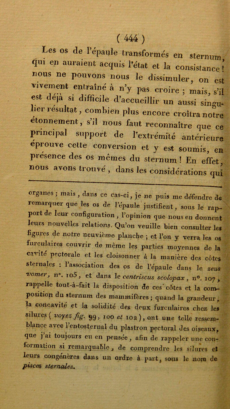 Les os de l’epaiile transformés en sternum qm en auraient acquis l’état et la consistance ' nous ne pouvons nous le dissimuler, on est vivement entraîné à n’y pas croire ; mais s’il est déjà si difficile d’accueillir un aussi singu- ler résultat, combien plus encore croîtra notre etonnement, s’il nous faut reconnaître que ce principal support de l’extrémité antérieure éprouvé cette conversion et y est soumis, en presence des os mêmes du sternum ! En effet nous avons trouvé, dans les considérations qui; organes ; mais , dans ce das-ci, je ne puis me d^endre de remarquer que les os de lepaule'justifient, sous le rap-. port de leur configuration , l’opinion que nous en donnent leurs nouvelles relations. Qu’on veuille bien consulter le» J figures de notre neuvième planche ; et l’on y verra les o» I furculaires couvrir de même les parties moyennes de la 1 cavité pectorale et les cloisonner à la manière des côtes ^ sternales : l’association des os de l’épaule dans le zeus § vomer, n\ io5, et dans le cen^nscus scolopax, n». 107 > 2 rappelle tout-à-fait la disposition de ces‘côtes et la œm^ M position du sternum des mammifères; quand la grandeur;^ la concavité et Ja solidité des deux furculaires chez le» silures ( voye:: fig. joo et 102 ), ont une telle ressem- % blance avec l’entosternal du plastron pectoral des oiseaux, # que j ai toujours en en pensée, afin de rappeler une con-:-^. formation si remarquable j de cornprcndre les silures et leurs congénères dans un ordre à part, sous le nom de pisces sternales^ f