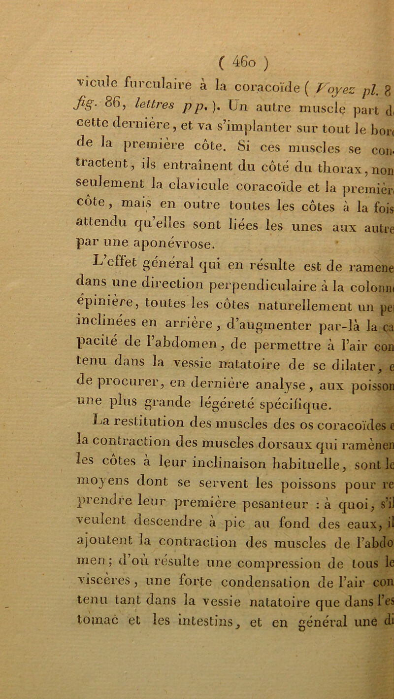 vieille fiirculaire à la coracoïde ( Voyez pi. 8 fig. 86, lettres pp*). Un autre muscie part di cette clemière, et va s'implanter sur tout le bon de la première côte. Si ces muscles se cou- tractent, ils entraînent du côté du thorax, non seulement la clavicule coracoïde et la premièri côte, mais en outre toutes les côtes à la fois attendu qu elles sont liées les unes aux autre par une aponévrose. L'effet général qui en résulte est de ramene dans une direction perpendiculaire à la colomn épiniere, toutes les côtes naturellement un pei inclinées en arrière, d'augmenter par-là la ca pacité de 1 abdomen, de permettre à l’air con tenu dans la vessie natatoire de se dilater, e de procurer, en dernière analyse, aux poisson une plus grande legéreté spécifique. La restitution des muscles des os coracoïdes e la contraction des muscles dorsaux qui ramènen les cotes à leur inclinaison habituelle, sont le moyens dont se servent les poissons pour re prendre leur première pesanteur : à quoi, s’il veulent descendre a pic au fond des eaux, il ajoutent la contraction des muscles de l’abclo men; d ou résulte une com])ression de tous le viscères, une forte condensation de l’air con tenu tant dans la vessie natatoire que dans l’es tomac et les intestins, et en général une di