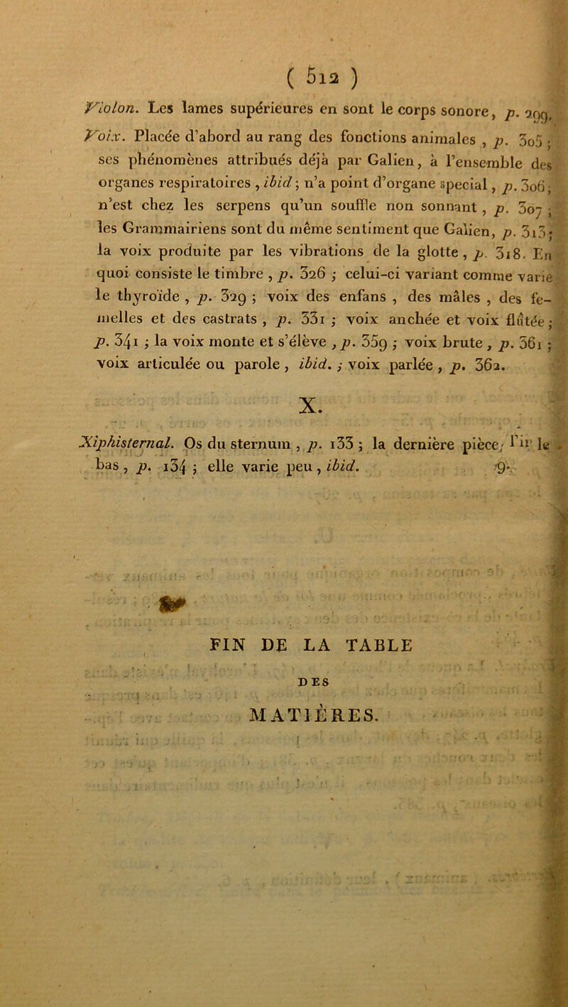 Violon. Les lames supérieures en sont le corps sonore, p. agg Voix. Placée d’abord au rang des fonctions animales , p. 3o5 • scs phénomènes attribués déjà par Galien, à l’ensemble des organes respiratoires , ihid ; n’a point d’organe spécial, p, 3o6 ■ n’est chez les serpens qu’un souffle non sonnant, p. Soj ; les Grammairiens sont du même sentiment que Galien, p. 3i3j la voix produite par les vibrations de la glotte, p. 3i8. En quoi consiste le timbre , p. Saô ; celui-ci variant comme varie le tb;yroïde , p. Sag ; voix des enfans , des mâles , des fe- jiielles et des castrats , p. 53 r -, voix anchée et voix fliitée; p.5^i i la voix monte et s’élève ,p. 35g ; voix brute, p. 56i ; voix articulée ou parole , ibid. ,• voix parlée , p, 362. X. Xîp>histernal. Os du sternum , p. i53 ; la dernière pièce; I b; le . bas , p. i34 5 elle varie peu , ibid. ■g», I FIN DE LA TABLE DES MATIÈRES.