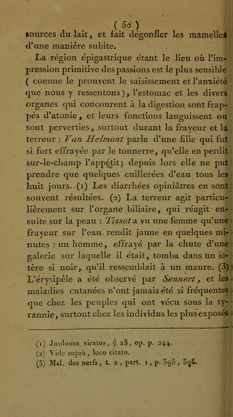 ) sources du lait, et fait dégonfler les mamelleâ d’une manière subite. , . La région épigastrique étant le lieu où l’im- pression primitive des passions est le plus sensible ( comme le prouvent le saisissement et l’anxiété que nous y ressentons ), l’estomac et les divers organes qui concourent à la digestion sont frap- pés d’atonie, et leurs fonctions languissent ou sont perverties, surtout durant la frayeur et la terreur : Helmont parle d’une Allé qui fut si fort effrayée par le tonnerre, qu’elle en perdit sur-le-champ l’apprit j depuis lors elle ne put prendre que quelques cuillerées d’eau tous les huit jours, (i) Les diarrhées opiniâtres en sont souvent résultées. (2) La terreur agit particu- lièrement sur l’organe biliaire, qui réagit en- suite sur la peau : Tissot a vu une femme qu’une frayeur sur l’eau, rendit jaune en quelques mi- nutes : un homme, effrayé par la chute d’une galerie sur laquelle il était, tomba dans un ic- tère si noir, qu’il ressemblait à un maure. (3) L’érysipèle a été observé par Sennert, et les maladies cutanées n’ont jamais été si fréquentes que chez, les peuples qui ont vécu sous la ty- rannie, surtout chez les individus les plus exposés (1) JusiUnim vlralus, § 25, op. p. 244, (2) Yicle supra, loco cltalo.