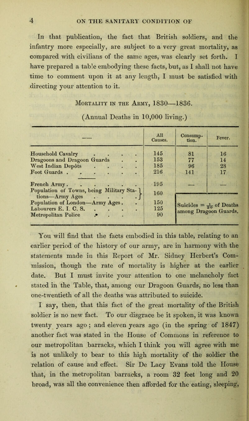 In that publication, the fact that British soldiers, and the infantry more especially, are subject to a very great mortality, as compared with civilians of the same ages, was clearly set forth. I have prepared a table embodying these facts, but, as I shall not have time to comment upon it at any length, I must be satisfied with directing your attention to it. Mortality in the Army, 1830—1836. (Annual Deaths in 10,000 living.) — All Causes. Consump- tion. Fever. Household Cavalry .... 145 81 16 Dragoons and Dragoon Guards 153 77 14 West Indian Depots . . . . 185 96 28 Foot Guards ...... 216 141 17 French Army ...... Population of Towns, being Military Sta- 1 195 160 — — tions—Army Ages . . . . J Population of London—Army Ages . 150 Snioirles = . JL. of Deaths Labourers E. I. C. S. Metropolitan Police .*• 125 90 20 among Dragoon Guards. You will find that the facts embodied in this table, relating to an earlier period of the history of our army, are in harmony with the statements made in this Report of Mr. Sidney Herbert’s Com- mission, though the rate of mortality is higher at the earlier date. But I must invite your attention to one melancholy fact stated in the Table, that, among our Dragoon Guards, no less than one-twentieth of all the deaths was attributed to suicide. I say, then, that this fact of the great mortality of the British soldier is no new fact. To our disgrace be it spoken, it was known twenty years ago ; and eleven years ago (in the spring of 1847) another fact was stated in the House of Commons in reference to our metropolitan barracks, which I think you will agree with me is not unlikely to bear to this high mortality of the soldier the relation of cause and effect. Sir De Lacy Evans told the House that, in the metropolitan barracks, a room 32 feet long and 20 broad, was all the convenience then afforded for the eating, sleeping,