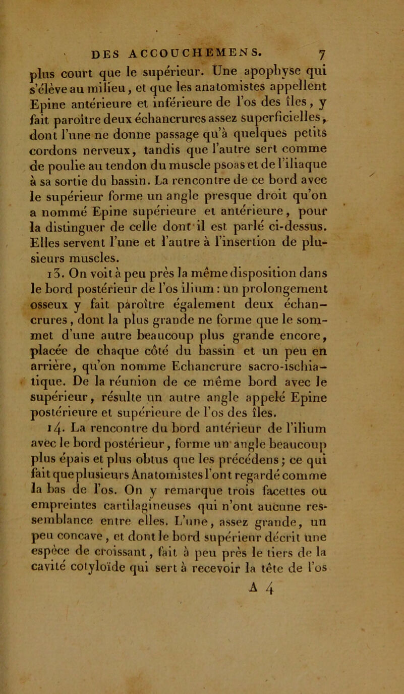 pins court que le supérieur. Une apophyse qui s’élève au milieu, et que les anatomistes appellent Epine antérieure et inférieure de l’os des îles, y fait paroître deux échancrures assez superficielles, dont l’une ne donne passage qu’à quelques petits cordons nerveux, tandis que l’autre sert comme de poulie au tendon du muscle psoas et de l’iliaque à sa sortie du bassin. La rencontre de ce bord avec le supérieur forme un angle presque droit qu’on a nommé Epine supérieure et antérieure, pour la distinguer de celle dont il est parlé ci-dessus. Elles servent l’une et l’autre à l’insertion de plu- sieurs muscles. 13. On voit à peu près la même disposition dans le bord postérieur de l’os ilium : un prolongement osseux y fait paroître également deux échan- crures , dont la plus grande ne forme que le som- met d’une autre beaucoup plus grande encore, placée de chaque côté du bassin et un peu en arrière, qu’on nomme Echancrure sacro-ischia- tique. De la réunion de ce même bord avec le supérieur, résulte un autre angle appelé Epine postérieure et supérieure de l’os des îles. 14. La rencontre du bord antérieur de l’ilium avec le bord postérieur, forme un angle beaucoup plus épais et plus obtus que les précédens ; ce qui fait queplusieurs Anatomistes l’ont regardé comme la bas de l’os. On y remarque trois facettes ou empreintes cartilagineuses qui n’ont aucune res- semblance entre elles. L’une, assez grande, un peu concave, et dont le bord supérieur décrit une espèce de croissant, fait à peu près le tiers de la cavité colyloïde qui sert à recevoir la tête de l’os A 4