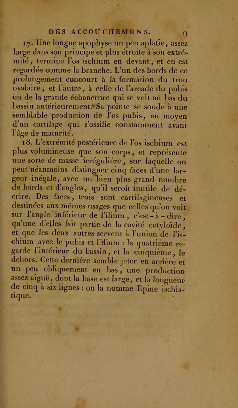 DES ACCOU C1IEME NS. g 17. Une longue apophyse un peu aplalie, assez large dans son principe et plus étroite à son extré- mité, termine l’os ischium en devant, et en est regardée comme la branche. L’un des bords de ce prolongement concourt à la formation du trou ovalaire, et l’autre, à celle de l’arcade du pubis ou de la grande échancrure qui se voit au bas du bassin antérieurement*Sa pointe se soude à une semblable production de l’os pubis, au moyen d’un cartilage qui s’ossifie constamment avant l’àge de maturité. 18. L’extrémité postérieure de l’os ischium est plus volumineuse que son corps, et représente une sorte de masse irrégulière, sur laquelle on peut néanmoins distinguer cinq faces d’une lar- geur inégale, avec un bien plus grand nombre de bords et d’angles, qu’il seroil inutile de dé- crire. Des faces, trois sont cartilagineuses et destinées aux mêmes usages que celles qu’on voit sur l’angle inférieur de l’ilium , c’est-à-dire, qu une d’elles fait partie de la cavité colyloïde, et que les deux autres servent à l’union de l’is- chium avec le pubis et l’ilium : la quatrième re- garde l’intérieur du bassin, et la cinquième, le dehors. Cette dernière semble jeter en arrière et un peu obliquement en bas, une production assez aiguë, dont la base est large, et la longueur de cinq à six lignes : on la nomme Epine ischia- tique.