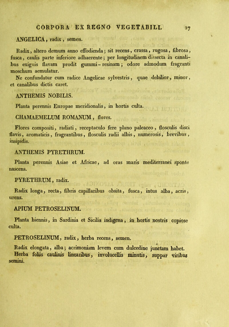 ANGELICA, radix, semen. Radix, altero demum anno effodienda; sit recens, crassa, rugosa, fibrosa, fusca, caulis parte inferiore adhaerente; per longitudinem dissecta in canali- bus exiguis flavam prodit gummi - resinam j odore admodum fragranti moschum aemulatur. Ne confundatur cum radice Angelicae sylvestris, (juae debilior y minor, et canalibus dictis caret. ANTHEMIS NOBILIS. Planta perennis Europae meridionalis, in hortis culta. CHAlMhlEMELlM ROMANIJM, flores. Flores compositi, radiati, receptaculo fere plano paleaceo, flosculis disci flavis, aromaticis, fragrantibus, flosculis radii albis, numerosis, brevibus , insipidis. ANTHEMIS PYRETHRUM. Planta perennis Asiae et Africae, ad oras maris mediterranei sponte nascens. PYRETHRUM, radix. Radix longa, recta^ fibris capillaribus obsita, fusca, intus alba, acris, urens. APIUM PETROSELINUM. Planta biennis, in Sardinia et Sicilia indigena, in hortis nostris copiose culta. PETROSELINUM, radix, herba recens, semen. Radix elongata, alba; acrimoniam levem cum dulcedine junctam habet. Herba foliis caulinis linearibus, involucellis minutis, suppar viribus semini.