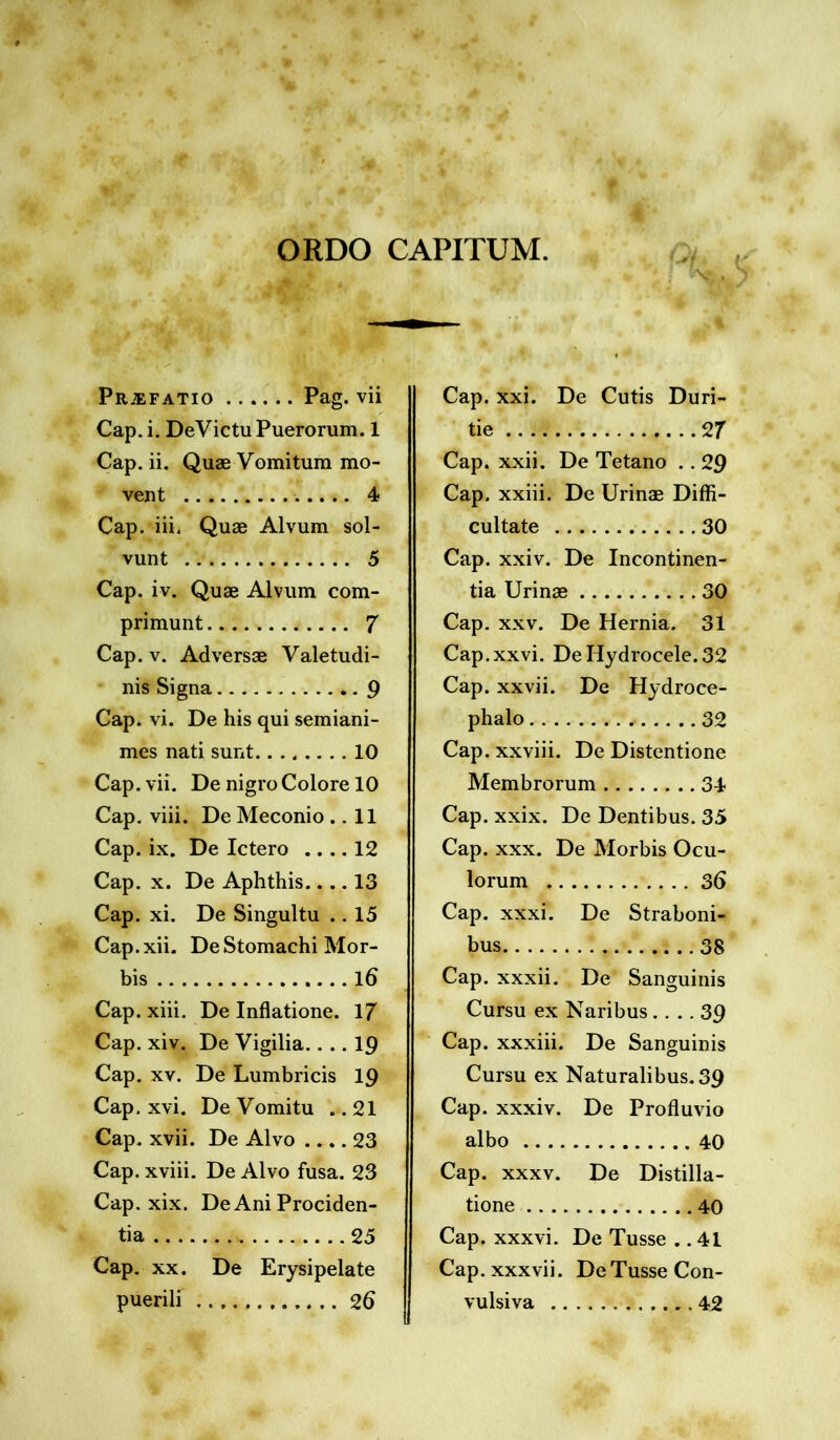 ORDO CAPITUM. Pr.EF ATIO Pag. vii Cap. i. DeVictu Puerorum. 1 Cap. ii. Quae Vomitum mo- vent 4 Cap. iii. Quae Alvum sol- vunt 5 Cap. iv. Quae Alvum com- primunt 7 Cap. v. Adversae Valetudi- nis Signa 9 Cap. vi. De his qui semiani- mes nati sunt 10 Cap. vii. De nigro Colore 10 Cap. viii. De Meconio .. 11 Cap. ix. De Ictero .... 12 Cap. x. De Aphthis.... 13 Cap. xi. De Singultu .. 15 Cap.xii. De Stomachi Mor- bis l6 Cap. xiii. De Inflatione. 17 Cap. xiv. De Vigilia.... 19 Cap. xv. De Lumbricis 19 Cap. xvi. De Vomitu ..21 Cap. xvii. De Alvo .... 23 Cap. xviii. De Alvo fusa. 23 Cap. xix. De Ani Prociden- tia 25 Cap. xx. De Erysipelate puerili 2 6 Cap. xxi. De Cutis Duri- tie 27 Cap. xxii. De Tetano .. 29 Cap. xxiii. De Urinas Diffi- cultate 30 Cap. xxiv. De Incontinen- tia Urinae 30 Cap. xxv. De Hernia. 31 Cap.xxvi. De Hydrocele. 32 Cap. xxvii. De Hydroce- phalo 32 Cap. xxviii. De Distentione Membrorum 34 Cap. xxix. De Dentibus. 35 Cap. xxx. De Morbis Ocu- lorum 36 Cap. xxxi. De Straboni- bus 38 Cap. xxxii. De Sanguinis Cursu ex Naribus.... 39 Cap. xxxiii. De Sanguinis Cursu ex Naturalibus. 39 Cap. xxxiv. De Profluvio albo 40 Cap. xxxv. De Distilla- tione 40 Cap. xxxvi. De Tusse .. 41 Cap.xxxvii. De Tusse Con- vulsiva 42