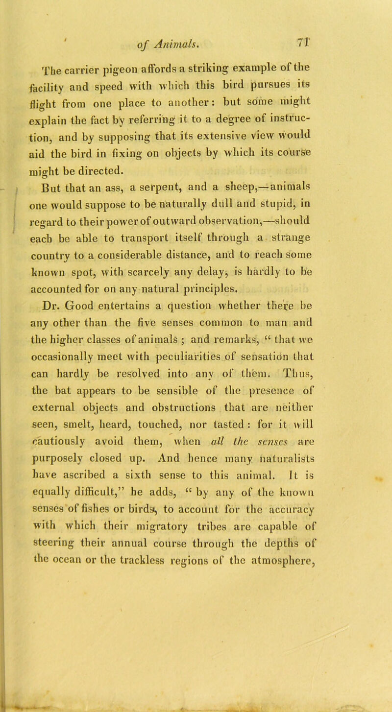 n The carrier pigeon affords a striking example of the facility and speed with which this bird pursues its flight from one place to another: but some might explain the fact by referring it to a degree of instruc- tion, and by supposing that its extensive view would aid the bird in fixing on objects by which its course miffht be directed. But that an ass, a serpent, and a sheep,—animals one would suppose to be naturally dull and stupid, in regard to their power of outward observation,—should each be able to transport itself through a strange country to a considerable distance, and to reach some known spot, with scarcely any delay, is hardly to be accounted for on any natural principles. Dr. Good entertains a question whether there be any other than the five senses common to man and the higher classes of animals ; and remarks, “ that we occasionally meet with peculiarities of sensation that can hardly be resolved into any of them. Thus, the bat appears to be sensible of the presence of external objects and obstructions that are neither seen, smelt, heard, touched, nor tasted : for it will cautiously avoid them, when all the senses are purposely closed up. And hence many naturalists have ascribed a sixth sense to this animal. It is equally difficult,” he adds, a by any of the known senses of fishes or birds, to account for the accuracy with which their migratory tribes are capable of steering their annual course through the depths of the ocean or the trackless regions of the atmosphere,