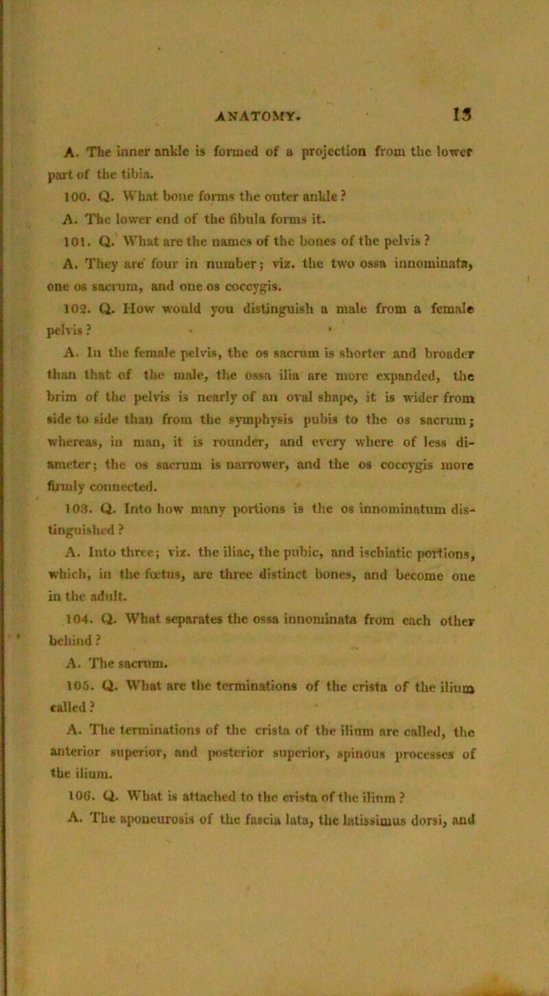 A. The inner ankle is formed of a projection from the lower part of the tibia. 100. Q. What bone forms the outer ankle ? A. The lower end of the fibula fonns it. 101. Cl. What are the names of the bones of the pelvis ? A. They are four in number; viz. the two ossa innomlnata, one OS sacrum, and one os coccyps. 102. Q. How would you distinguish a male from a female pelvis ? * A. In the female pelvis, the os sacrum is shorter and broader than that of the male, the ossa ilia are more expanded, tlie brim of the pelvis is nearly of an oval sbajie, it is wider from side to side than from the symphysis pubis to the os sacrum; whereas, in man, it is rounder, and every where of less di- ameter; the os sacrum is narrower, and the os coccygis more finnly connected. 10.3. Q. Into how many portions is the os innominatuni dis- tingnished ? A. Into three; viz. the iliac, the pubic, and ischiatic portions, which, ill Hie foetus, are three distinct bones, and become one in the adult. 104. Q. What separates the ossa innoniinata from each other behind ? A. The sacrum. 105. Q. What are the terminations of the crista of the ilium called ? A. The terminations of the crista of the ilium arc called, the anterior superior, and jmstcrior superior, spinous jirocesses of the ilium. 106. Cl. What is attached to the crista of the ilium ? A. The a[>oueurosU of the fascia lata, the latissimus dorsi, and