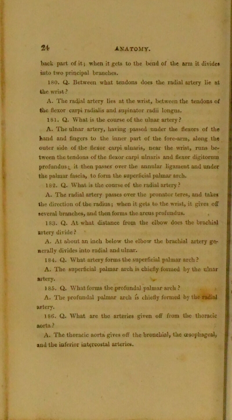 2+ back part of it; when it gets to the bead of the arni it divides into two principal branches. 180. Q. Between w'hat tendons does the radial artery lie at the wTist.’ A. The radial artery lies at the wrist, between the tendons of the flexor carpi radialis and supinator radii lungus. 181. Q. What is the course of the ulnar artery ? A. The ulnar artery, having passed under the flexors of the band and fingers to the inner part of the fore-arm, along the outer side of the flexor carpi uluaris, near the wrist, runs ber tween the tendons of the flexor carpi ulnaris and flexor digitorum profundusit then passes over the annular ligament and under the palmar fascia, to form the superficial palmar arch. 183. Q. What is tlic coarse of the radial artery ? A. The radial artery passes over the pronator teres, and takes the direction of the radius; when it gets to the wrist, it gives off several branches, and then forms the arcus profundus. , 183. Q. At what distance from the elbow docs the brachial artery divide ? A. At about an inch below tlie elbow the brachial artery ge- nerally divides into radial and ulnar. 184. Cl. What artery forms tlie superficial palmar arch ? A. The superficial palmar arch is chiefly formed by tlie ulnar mtery. , 185. Q. What foims the profundal palmar arch ? A. The profundal ]>almar arch is chiefly formed by the radial artery. 186. Q. What arc the arteries given off from Uk thoracic aorta? A. The thoraric aorta gives off the bronchial, the oesophageal, and the inferior intercostal arteries.