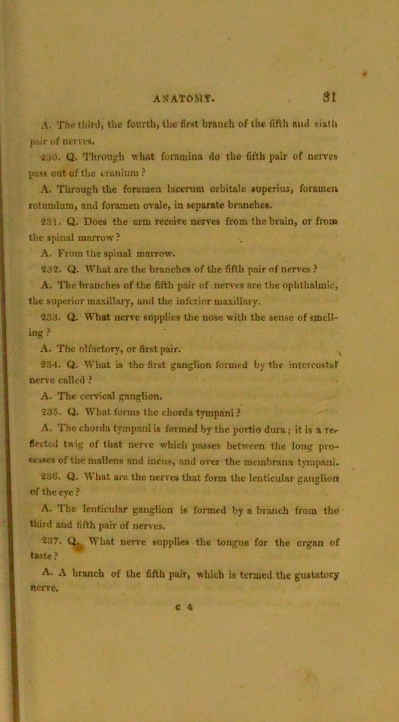 ASATOMt. 51 Thi‘ third, the fourth, tlie fir«t branch of the fifth mid »ixth piiir of iien cs. S;jo. Q. 'I'hroujrh what foramina do the fifth puir of nerves imss out of the cranium ? A. Through the fommen liicerum orbitaio lupcrius, foramen rotuudum, and foramen ovale, in separate branches. 931. Q. Does the arm receive nerves from the brain, or from the spinal marrow ? A. From the spinal marrow. 932. Q. What are the branches of the fifth pair of nerves ? A. The branches of the fifth pair of ner\-es are tlie ophtlialmic, the superior ma.xill.ar)’, and the inferior maxillary. 233. Q. What nerve supplies the nose with the sense of smell- ing .> A. The olfactory, or first pair. ^ 234. Q. What is the first ganglion formed by the intcrcostaf nerve called ? A. The cervical ganglion. 235. Q. What forms the chorda t)Tnpani ? A. The chorda tympani is formed by the portio dura; it is a re.- fleeted twig of that nerve which passes between the long pro- cesses of the malleus and incus, and over the merabnma t)'nipani. 236. Q. What arc the nerves that form the lenticular ganglion of the eye ? A. The lenticular ganglion is formed by a branch from tho third and fifth pair of nerves. 237. What nerve supplies the tongue for the organ of taste ? A. A branch of the fifth pair, which is termed the gustatory nerve.