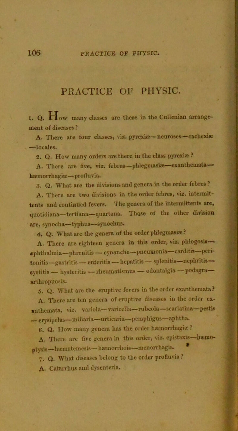 PRACTICE OF PHYSIC. 1. Q. How many classes are there in the Cullenian arrange- ment of diseases ? A. There are four classes, viz. pyrexte—neuroses—cachexia: —locales. 2. Q. How many orders are there in the class pyrexise ? A. There are five, viz. febres—phlegmasiae—exanthemata.— haemorrhagiae—profluvia. 3. Q. What are the divisions and genera in the order febres ? A. There are two divisions in the order febres, viz. intermit- tents and coutinned fever’s. The genera of the intermittents are, ^uotidiana—tertiana—quartana. Those of the other division are, synocha—tyi»hus—synochus. 4. Q. What are the genera of the order phlegmasise } A. There are eighteen genei-a in this order, viz. phlogosis— ophttialmia—phrenitis ^ cynanche—pneumonia——cai’ditis—peri- tonitis—gastritis — enteritis — hepatitis — splenitis—nephritis- cystitis — hysteritis —rheumatismus — odontalgia —podagra— artbropuosis. 6. Q. What are the eruptive fevers in the order exanthemata? A. There arc ten genera of eruptive diseases in the order ex- anthemata, viz. variola—varicella—rubeola—scarlatina—pestis erysipelas—miliaria—urticaria—pemphigus—aphtha. 6. Q. How many genera has the order ha;moiThagi« ? A. There are five genera in this order, viz. cpistaxis—ba;jBO* ptygis—hiematemesis—haemonhois—menorrhagia. * 7. Q. What diseases belong to the order profluvia? A. Catnnhus and dysenteria.