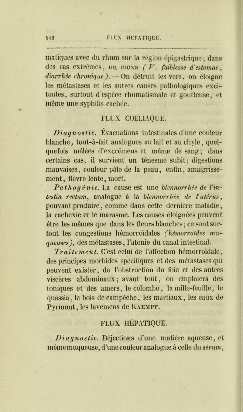 MO FLUX HEPATIQUE. matiques avec du rhum sur la région épigastrique-, dans des cas extrêmes, un moxa ( V. faiblesse d'estomac, diarrhée chronique). — On détruit les vers, on éloigne les métastases et les autres causes pathologiques exci- tantes, surtout d’espèce rhumatismale et goutteuse, et meme une syphilis cachée. FLUX COELIAQUE. Diagnostic. Evacuations intestinales d’une couleur blanche, tout-à-fait analogues au lait et au chyle, quel- quefois mêlées d’excrémens et même de sang-, dans certains cas, il survient un ténesme subit ; digestions mauvaises, couleur pâle de la peau, enfin, amaigrisse- ment, fièvre lente, mort. Pathogènie. La cause est une blennorrhée de l’in- testin rectum, analogue à la blennorrhée de l’utérus, pouvant produire, comme dans cette dernière maladie, la cachexie et le marasme. Les causes éloignées peuvent être les mêmes que dans les fleurs blanches ; ce sont sur- tout les congestions hémorroïdales (hémorroïdes mu- queuses ), des métastases, l’atonie du canal intestinal. Traitement. C’est celui de l’affection hémorroïdale, des principes morbides spécifiques et des métastases qui peuvent exister, de l’obstruction du foie et des autres viscères abdominaux; avant tout, on emploiera des toniques et des amers, le Colombo, la mille-feuille, le quassia, le bois de campêche, les martiaux, les eaux de Fyrmont, les lavemens de Kaempf. FLUX HÉPATIQUE. Diagnostic. Déjections d'une matière aqueuse, et même muqueuse, d’une couleur analogue à celle du sérum,