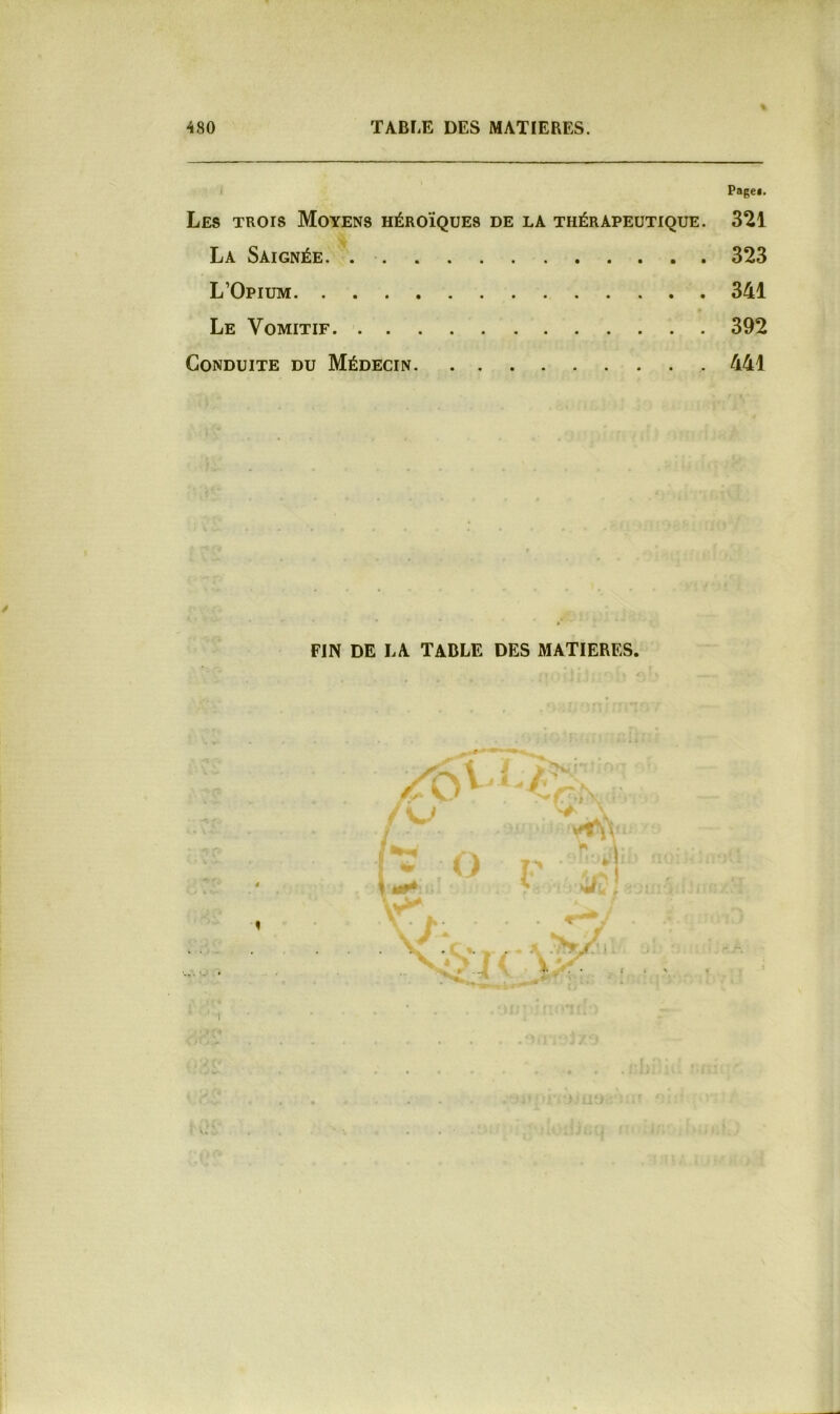 Page*. Les trois Moyens héroïques de la thérapeutique. 321 La Saignée 323 L’Opium 341 Le Vomitif 392 Conduite du Médecin 441 FIN DE LA TABLE DES MATIERES.