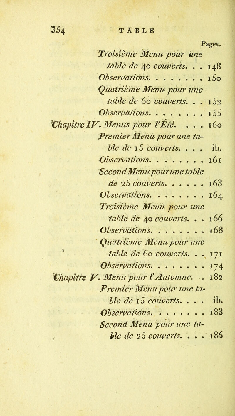 Pages. Troisième Menu -pour Une table de 40 couverts. . • 148 Observations i5o (Quatrième Menu pour une table de 60 couverts, . . 1S2 Observations i55 ^Chapitre IV. Menus pour VÉté. ... 160 Premier Menu pour une tOn ble de \ S couverts. ... ib. Observations 161 SecondMenu pour une table de 2S couverts i63 Observations 164 Troisième Menu pour une table de 40 couverts. ..166 Observations 168 Quatrième Menu pour une ^ table de 60 couverts. . .,171 Observations 174 Chapîtfe V. Menu pour ï ‘Automne. . 182 Premier Menu pour une ta* ble de i S couverts. ... ib. Observations. ....... i83 r • Second Menu pour une ta- ble de 2S couverts. . ^ i86