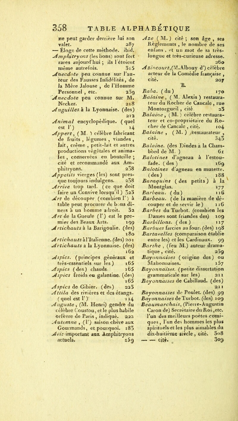 ne peut garder derrière lui son valet. 287 — Eloge de cette méthode, ibid. Amphitryons (les bons) sont fort rares aujourd’hui ; ils 1 étoient même autrefois. 3i5 Anecdote peu connue sur l’au- teur des Fausses Infidélités , de la Mère Jalouse , de l’Homme Personnel , etc. 23g Anecdote peu connue sur M. Necker. 218 Anguilles hi la Lyonnaise, (des) 212 Animal encyclopédique, (quel est 1’) 14 Appert^ (M, > célèbre fabricant de fruits, légumes, viandes, lait, crème , petit-lait et autres productions végétales et anima- les , conservées en bouteille ; cité et recommandé aux Am- phitryons. 2,38 Appétits vierges (les) sont pres- que toujours indulgens. 238 Arrive trop tard. ( ce que doit faire un Convive lorsqu'il ) 323 Art de découper (combien!’) à table peut procurer de bons dî- ners a un homme adroit. 32 Artàe la Gueule (T) est le pre- mier des Beaux Arts. 199 Artichauts à la Barigoulie. (des) 180 A à l’Italienne, (des) 201 Artichauts a la Lyonnaise, (des) 162 Aspics, (principes généraux et très-essentiels sur les) i65 Aspics (des) chauds i65 Aspics froids en galantine, (des) i65 Aspics de Gibier, (des) 223 Attila des rivières et des étangs, (quel est I’) 114 AiLguste , (M. Henri) gendre du célèbre Coustou, et le plus habile orfèvre de Paris , indiqué. 222 Automne ^ (!’) saison chère aux Gourmands, et pourquoi. i83 Avis important aux Amphitryons actuels. Aze ( M. ) cité ; son âge , se» Règlements , le nombre de ses en fans , et un mot de sa très- longue et très-curieuse adresse. 260 Azincourt,QK,k\h(my d’) célèbre acteur de la Comédie française , • % if cite. 207 E. Baha. ( du ) 170 Balaine , ( M. Alexis ) restaura- teur du Rocher de Cancale, rue Montorgueil, cité 23 Balaine , ( M. ) célèbre restaura- teur et co-propriétaire du Ro- cher de Cancale , cité. 104 Balaine , ( M. ) .restaurateur , cité. 343 Balaine. (des Dindes à la Cham- bord de M. ) 61 Balotines d’agneau à l’estou- fade. ( des ) 16g Balotines d’agneau en musette. ( des ) ^ 188 Baraquins ( des petits ) à la ' Montglas. 177 Barbeau, (du) nS Barbeau, (de la manière de dé- couper et de servir le) 116 Barbes du Turbot, (combien les Dames sont friandes des) log Barbillons, (des) 117 Barbues farcies au four, (des) 198 Bartavelles (comparaison établie entre les) et les Cardinaux. 99 Barche , (feu M.) auteur drama- tique , cité. 25g Bayonnaises ( origine des ) ou Mahonuaises. 167 Bayonnaises. (petite dissertation grammaticale sur les) 211 Bayonnaises de Cabillaud, (des) 211 Bayonnaises de Poulet, (des) 9g Bayonnaises êieTinvhot. (des) log Beaumarchais(Pierte-Àugustin Caron de) Secrétaire du Roi ,etc. l’un des meilleurs poètes comi- ques , l’un des hommes les plus spirituels et les plus aimables du dix-huitième siècle, cité. 5o8 ciié. ^ 3og