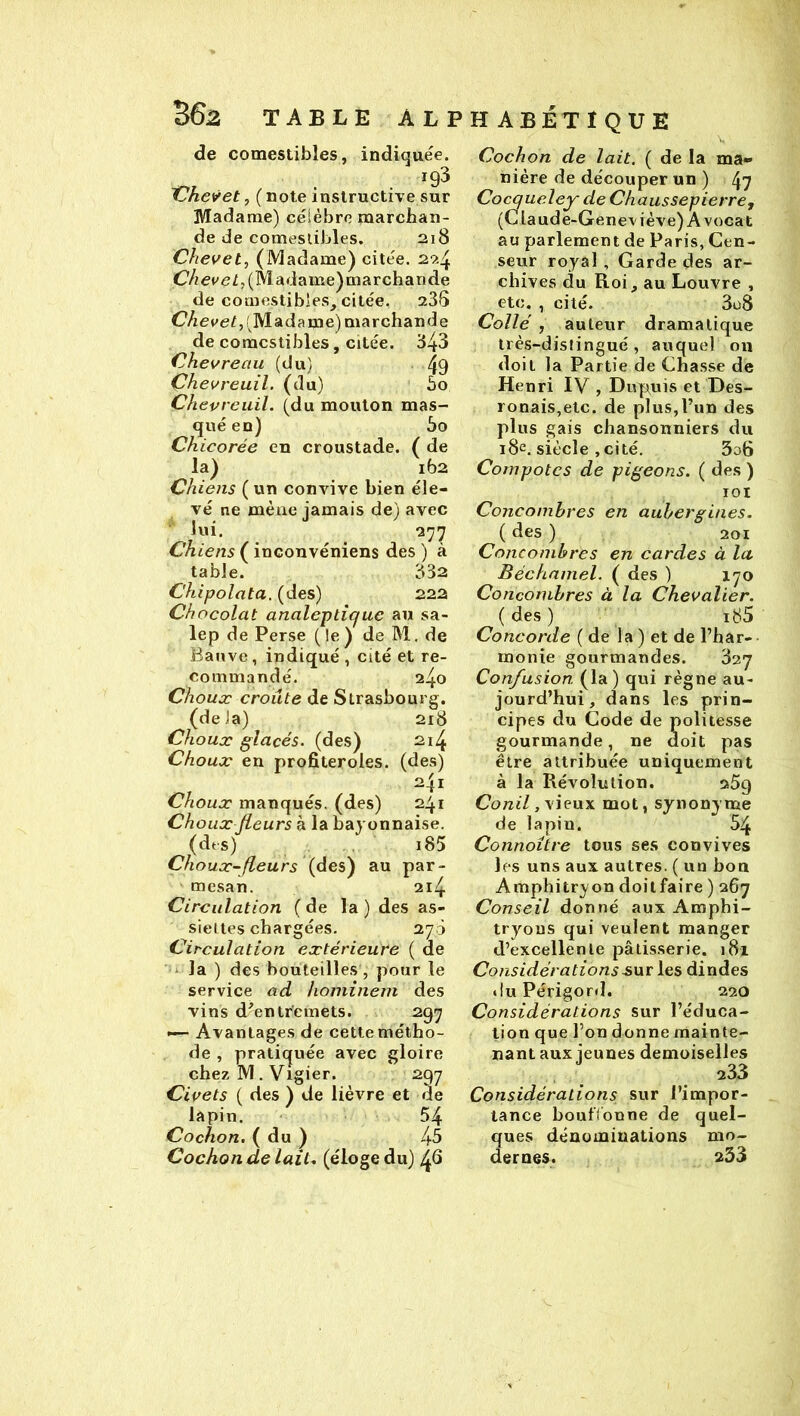 de comestibles, indiquée. . . ^9^ XJnevet, ( note instructive sur Madame) célèbre marchan- de de comestibles. 218 Chevet^ (Madame) citée. 29-4 C/ieeeZ, (Madame) marchande de comestibles, citée. 235 C/ïceeZ, (Madame) marchande de comestibles, citée. 343 Chevreau (du) 49 Chevreuil, (du) 5o Chevreuil, (du mouton mas- qué en) So Chicorée en croustade. ( de la) 162 Chiens ( un convive bien éle- vé ne mène jamais de) avec lui. l'j'] Chiens ( incouvéniens des ) à table. 332 Chipolata, (des) 222 Chocolat analeptîcfue au sa- lep de Perse (le) de M. de Banve, indiqué , cité et re- commandé. 240 Choux croûte de Strasbourg. (delà) 218 Choux glacés, (des) 2i4 Choux en profiteroles, (des) 241 Choux manqués, (des) 241 Choux fleurs à la bayonnaise. (dfs) i85 Choux-fleurs {des) au par- mesan. 214 Circulation (de la ) des as- siettes chargées. 270 Circulation extérieure ( de • la ) des bouteilles, pour le service ad hominem des vins d^entr'emets. 297 —• Avantages de cette métho- de , pratiquée avec gloire chez M. Vigier. 297 Civets ( des ) de lièvre et de lapin. 54 Cochon. ( du ) /j-5 Cochon de lait, (éloge du) Cochon de lait. ( de la ma- nière de découper un ) 47 Cocqueley de Chaussepierre, (Claude-Geneviève) Avocat au parlement de Paris, Cen- seur royal , Garde des ar- chives du Roi, au Louvre , etc. , cité. 3o8 Collé , auteur dramatique très-distingué, auquel on doit la Partie de Chasse de Henri IV , Dupuis et Des- ronais,etc. de plus,l’un des plus gais chansonniers du i8<^. siècle , cité. 3o6 Compotes de pigeons. ( des ) lOI Concombres en aubergines. ( des ) 201 Concombres en cardes à la Béchamel. ( des ) 170 Concombres à la Chevalier. ( des) ib5 Concorde (de la) et de l’har- monie gourmandes. 827 Confusion (la) qui règne au- jourd’hui, dans les prin- cipes du Code de politesse gourmande, ne doit pas être attribuée uniquement à la Révolution. 25q Co;z«7,vieux mot, synonyme de lapin. 54 Connoitre tous ses convives les uns aux autres. ( un bon Amphitryon doilfaire ) 267 Conseil donné aux Amphi- tryons qui veulent manger d’excellente pâtisserie. i8i Considérations sur les dindes »lu Périgord. 220 Considérations sur l’éduca- tion que l’on donne mainte- nant aux jeunes demoiselles 233 Considérations sur l’impor- tance boutïonne de quel- ques dénominations mo- dernes. a33