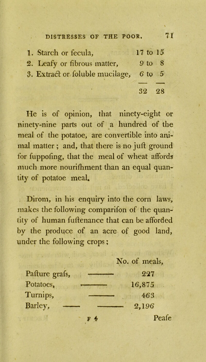 1. Starch or fecula. 17 to 15 2. Leafy or fibrous matter. 9 to 8 3. Extradl on foluble mucilage. 6 to 5 * 32 28 He is of opinion, that ninety-eight or ninety-nine parts out of a hundred of the meal of the potatoe, are convertible into ani- mal matter ; and, that there is no juft ground for fuppofing, that the meal of wheat affords much more nouriftiment than an equal quan- tity of potatoe meah , Dirom, in his enquiry into the corn laws, makes the following comparlfon of the quan- tity of human fuftenance that can be afforded by the produce of an acre of good land, under the following crops; No. of meals. Pafture grafs, — 227 potatoes, — 16,875 . Turnips, — . 463 Barley, ' 2,196 Peafe ' F ,4