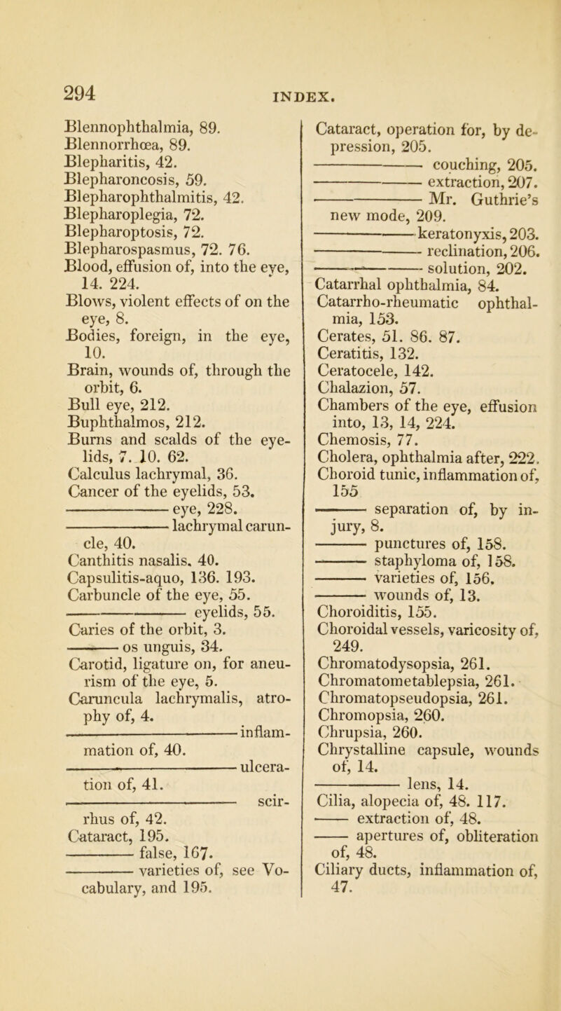 Blennophthalmia, 89. Blennorrhoea, 89. Blepharitis, 42. Blepharoncosis, 59. Blepharophthalmitis, 42. Blepharoplegia, 7*2. Blepharoptosis, 72. Blepharospasmus, 72. 76. Blood, effusion of, into the eye, 14. 224. Blows, violent effects of on the eye, 8. Bodies, foreign, in the eye, 10. Brain, wounds of, through the orbit, 6. Bull eye, 212. Buphthalmos, 212. Bums and scalds of the eye- lids, 7. 10. 62. Calculus lachrymal, 36. Cancer of the eyelids, 53. eye, 228. lachrymal carun- cle, 40. Canthitis nasalis. 40. Capsulitis-aquo, 136. 193. Carbuncle of the eye, 55. eyelids, 55. Curies of the orbit, 3. os unguis, 34. Carotid, ligature on, for aneu- rism of the eye, 5. Caruncula lachrymalis, atro- phy of, 4. —— inflam- mation of, 40. — ulcera- tion of, 41. scir- rhus of, 42. Cntaract, 195. false, 167. varieties of, see Vo- cabulary, and 195. Cataract, operation for, by de- pression, 205. couching, 205. extraction, 207. Mr. Guthrie’s new mode, 209. keratonyxis, 203. reclination, 206. solution, 202. Catarrhal ophthalmia, 84. Catarrho-rheumatic ophthal- mia, 153. Cerates, 51. 86. 87. Ceratitis, 132. Ceratocele, 142. Chalazion, 57. Chambers of the eye, effusion into, 13, 14, 224. Chemosis, 77. Cholera, ophthalmia after, 222. Choroid tunic, inflammation of, 155 ■ separation of, by in- jury, 8. punctures of, 158. staphyloma of, 158. varieties of, 156. wounds of, 13. Choroiditis, 155. Choroidal vessels, varicosity of, 249. Chromatodysopsia, 261. Chromatometablepsia, 261. Chromatopseudopsia, 261. Chromopsia, 260. Chrupsia, 260. Chrystalline capsule, wounds of, 14. lens, 14. Cilia, alopecia of, 48. 117. ■ extraction of, 48. apertures of, obliteration of, 48. Ciliary ducts, inflammation of, 47.