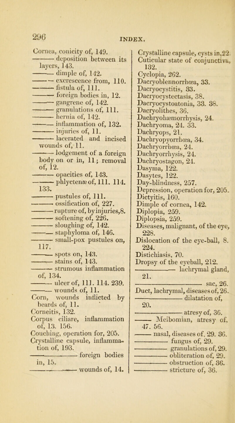 Cornea, conicity of, 149. deposition between its layers, 143. dimple of, 142. excrescence from, 110. fistula of, 111. foreign bodies in, 12. — gangrene of, 142. granulations of. 111. hernia of, 142. — infiammation of, 132. injuries of, 11. lacerated and incised wounds of, 11. lodgement of a foreign body on or in, 11; removal of, 12. opacities of, 143. phlyctenseof. 111. 114. 133. pustules of. 111. ossification of, 227. rupture of, by injuries,8. softening of, 226. sloughing of, 142. — staphyloma of, 146. small-pox pustules on, 117. spots on, 143. stains of, 143. strumous inflammation of, 134. ulcer of. 111. 114. 239. wounds of, 11. Corn, Avounds inflicted by beards of, 11. Corneitis, 132. Corpus ciliare, inflammation of, 13. 156. Couching, operation for, 205. Crystalline capsule, inflamma® tion of, 193. ■—— foreign bodies in, 15. — wounds of, 14. Crystalline capsule, cysts in,22. Cuticular state of conjunctiva, 132. Cyclopia, 262. Dacryoblennorrhoea, 33. Dacryocystitis, 33. Dacryocystectasis, 38. Dacryocystoatonia, 33. 38. Dacryolithes, 36. Dachryohaemorrhysis, 24. Dachryoma, 24. 33. Dachryops, 21. Dachryopyorrhoea, 34. Dachryorrhoea, 24. Dachryorrhysis, 24. Dachryostagon, 24. Dasyma, 122. Dasytes, 122. Day-blindness, 237. Depression, operation for, 205. Dictyitis, 160. Dimple of cornea, 142. Diplopia, 239. Diplopsia, 239. Diseases, malignant, of the eye, 228. Dislocation of the eye-ball, 8. 224. Distichiasis, 70. Dropsy of the eyeball, 212. ■ lachrymal gland, 21. ■ sac, 26. Duct, lachrymal, diseases of, 26. — dilatation of, 20. atresy of, 36. Meibomian, atresy of, 47. 56. nasal, diseases of, 29. 36, fungus of, 29, ■ granulations of, 29. obliteration of, 29. obstruction of, 36. stricture of, 36.