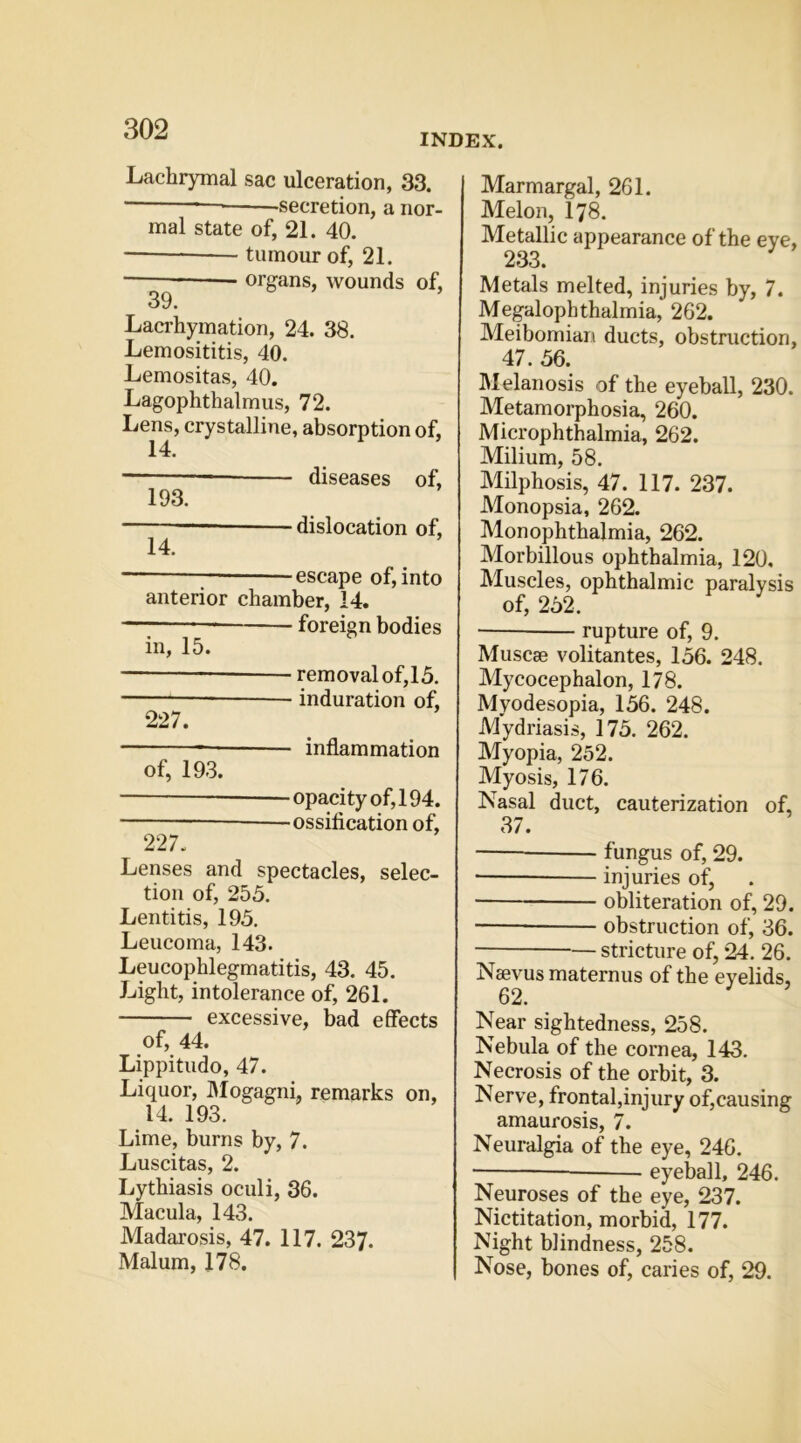 INDEX. Lachrymal sac ulceration, 33. secretion, a nor- mal state of, 21. 40. — tumour of, 21. ■ organs, wounds of, 39. Lacrhymation, 24. 38. Lemosititis, 40. Lemositas, 40. Lagophthalmus, 72. Lens, crystalline, absorption of, 14. ' diseases of, 193. dislocation of, 14. ; escape of, into anterior chamber, 14. foreign bodies in, 15. 227. removal of, 15. induration of. —— inflammation of, 193. opacity of, 194. —ossification of, 227. Lenses and spectacles, selec- tion of, 255. Lentitis, 195. Leucoma, 143. Leucophlegmatitis, 43. 45. Light, intolerance of, 261. excessive, bad effects of, 44. Lippitudo, 47. Liquor, IMogagni, remarks on, 14. 193. Lime, burns by, 7. Luscitas, 2. Lythiasis oculi, 36. Macula, 143. Madarosis, 47. 117. 237. Malum, 178. Marmargal, 261. Melon, 178. Metallic appearance of the eye, 233. Metals melted, injuries by, 7. Megalophthalmia, 262. Meibomian ducts, obstruction, 47. 56. ]\Ielaiiosis of the eyeball, 230. Metamorphosia, 260. Microphthalmia, 262. Milium, 58. Milphosis, 47. 117. 237. Monopsia, 262. Monophthalmia, 262. Morbillous ophthalmia, 120. Muscles, ophthalmic paralysis of, 252. • rupture of, 9. Muscse volitantes, 156. 248. Mycocephalon, 178. Myodesopia, 156. 248. Mydriasis, 175. 262. Myopia, 252. Myosis, 176. Nasal duct, cauterization of, 37. — fungus of, 29. injuries of, obliteration of, 29. obstruction of, 36. — stricture of, 24. 26. Neevus maternus of the eyelids, 62. Near sightedness, 258. Nebula of the cornea, 143. Necrosis of the orbit, 3. Nerve, frontal,injury of,causing amaurosis, 7. Neuralgia of the eye, 246. eyeball, 246. Neuroses of the eye, 237. Nictitation, morbid, 177. Night blindness, 258. Nose, bones of, caries of, 29.
