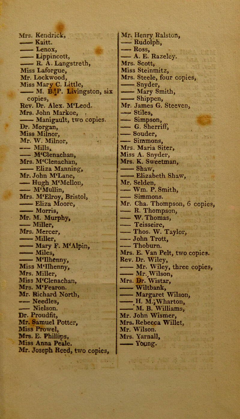 Mrs. Kendrick, — Kaitt. Lenox, Lippincott, . R. A. Langstreth, Miss Laforgue, Mr. Lockwood, Miss Mary C. Little, M. B.^P. Livingston, six copies, Rev. Dr. Alex. M'Leod. Mrs. John Markoe, , — Manigault, two copies. Dr. Morgan, Miss Milnor, Mr. W. Milnor, - • Mills* M'Clenachan, Mrs. M*Clenachan, Eliza Manning, Mr. John M‘Lane, — Hugh M'Mellon, M‘Mullin, Mrs. M'Elroy, Bristol, Eliza Moore, —— Morris, Mr. M. Murphy, Miller, Mrs. Mercer, Miller, —— Mary F. M'Alpin, Miles, M'llhenny, Miss M‘Ilhenny, Mrs. Miller, Miss M'Clenachan, Mrs. M'Fearon. Mr. Richard North, -— Needles, Nielson. Dr. Proudfit, Mr. Samuel Potter, Miss Prowel, Mrs. E. Phillips, Miss Anna Peale. Mr. Joseph Reed, two copies. Mr. Henry Ralston, Rudolph, Ross, A. E. Razelcy. Mrs. Scott, Miss Steinmitz, Mrs. Steele, four copies, Snyder, Mary Smith, —— Shippen, Mr. James G. Steeven, —- Stiles, Simpson, G. Sherriff, Souder, Simmons, Mrs. Maria Siter, Miss A. Snyder, Mrs. K. Sweetman, Shaw, Elizabeth Shaw, Mr. Selden, — Wm. P. Smith, Simmons. Mr. Cha. Thompson, 6 copies, R. Thompson, W. Thomas, Teisseire, Thos. W. Taylor, John Trott, Thoburn. Mrs. E. Van Pelt, two copies. Rev. Dr. Wiley, Mr. Wiley, three copies, Mr.^Wilson, Mrs. Dr. Wistar, Wiltbank, Margaret Wilson, H. M.JWharton, —— M. B. Williams, Mr. John Wismer, Mrs. Rebecca Willet. Mr. Wilson. Mrs. Yarnall, —— Young.