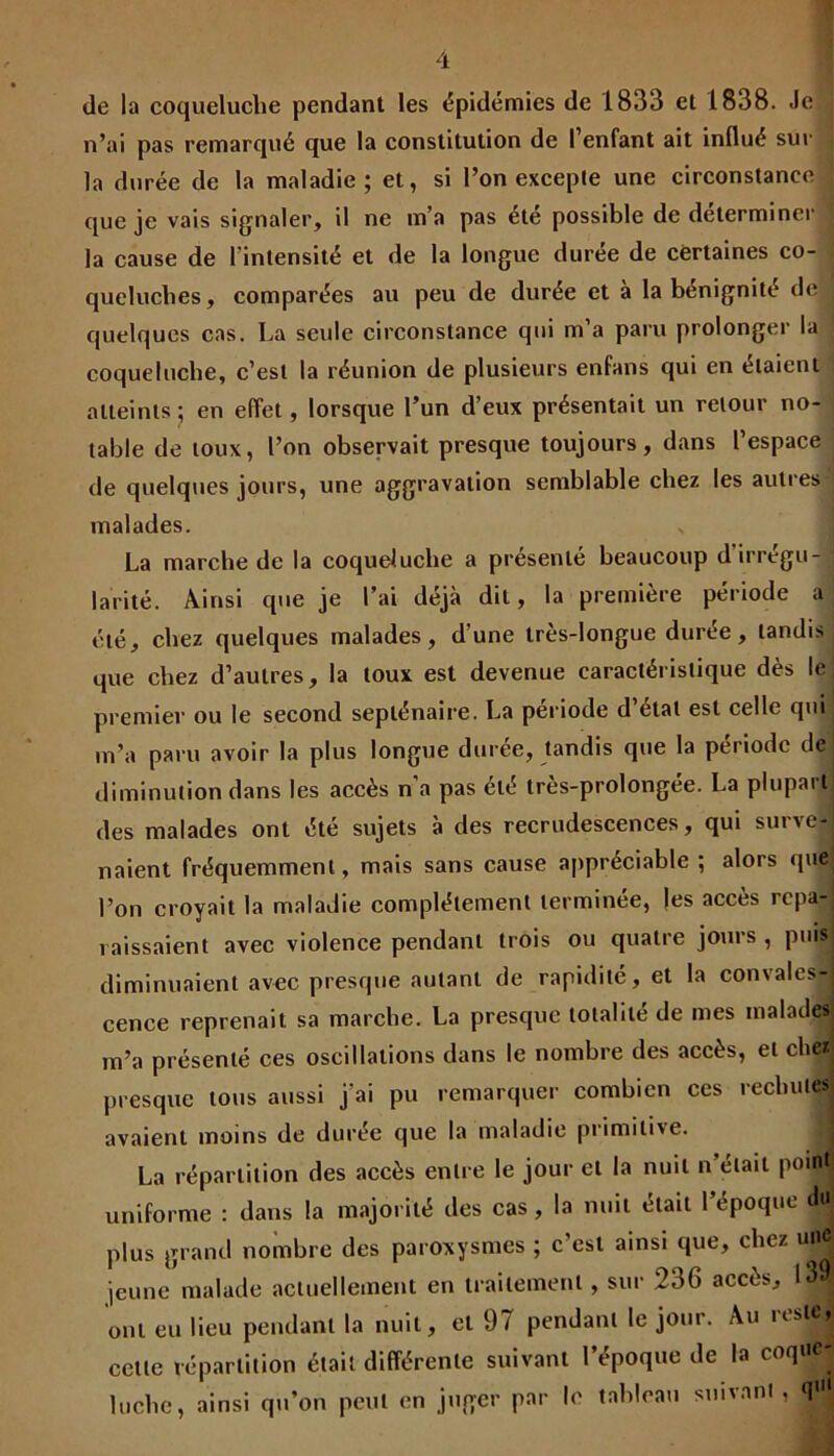 de la coqueluche pendant les épidémies de 1833 et 1838. .le n’ai pas remarqué que la constitution de 1 enfant ait influé sur la durée de la maladie; et, si l’on excepte une circonstance j. que je vais signaler, il ne m’a pas été possible de déterminer j la cause de l'intensité et de la longue durée de certaines co- queluches, comparées au peu de durée et à la bénignité de : quelques cas. La seule circonstance qui m’a paru prolonger la coqueluche, c’est la réunion de plusieurs enfans qui en étaient atteints; en effet, lorsque l’un d’eux présentait un retour no- table de toux, l’on observait presque toujours, dans l’espace de quelques jours, une aggravation semblable chez les autres malades. La marche de la coqueluche a présenté beaucoup d irregu-J larité. Ainsi que je l’ai déjà dit, la première période a été, chez quelques malades, d’une très-longue durée, tandis que chez d’autres, la toux est devenue caractéristique dès le, premier ou le second septénaire. La période d étal est celle quil m’a paru avoir la plus longue durée, tandis que la période de diminution dans les accès n’a pas été très-prolongée. La plupart des malades ont été sujets à des recrudescences, qui surve- naient fréquemment, mais sans cause appréciable ; alors que l’on croyait la maladie complètement terminée, les accès repa-^ l aissaient avec violence pendant trois ou quatre jours , puis diminuaient avec presque autant de rapidité, et la convales-j cence reprenait sa marche. La presque totalité de mes malades m’a présenté ces oscillations dans le nombre des accès, et cher presque tous aussi j’ai pu remarquer combien ces rechutes avaient moins de durée que la maladie primitive. La répartition des accès entre le jour et la nuit n était poinj uniforme : dans la majorité des cas, la nuit était l’époque d| plus grand nombre des paroxysmes ; c’est ainsi que, chez unj jeune malade actuellement en traitement, sur 236 accès, 13a ont eu lieu pendant la nuit, et 97 pendant le jour. Au reste, cette répartition était différente suivant l’époque de la coq«e^ biche, ainsi qu’on peut en juger par le tableau suivant, <plj