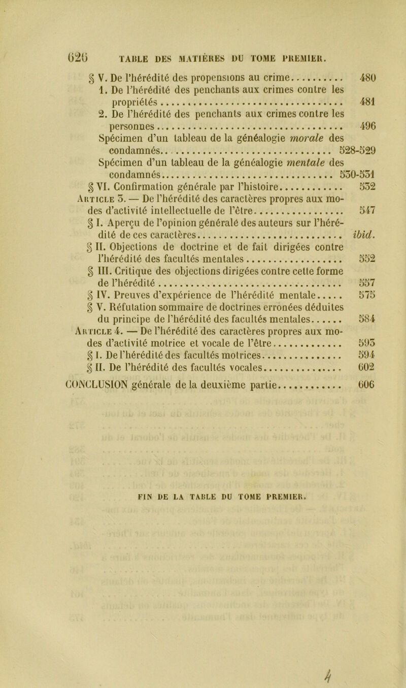 020 TABLE DES MATIÈRES DU TOME PREMIER. g V. De l’hérédité des propensions au crime 480 1. De l’hérédité des penchants aux crimes contre les propriétés 481 2. De l’hérédité des penchants aux crimes contre les personnes 496 Spécimen d’un tableau de la généalogie morale des condamnés 528-529 Spécimen d’un tableau de la généalogie mentale des condamnés 550-551 g VI. Confirmation générale par l’histoire 552 Article 5. — De l’hérédité des caractères propres aux mo- des d’activité intellectuelle de l’être 547 g I. Aperçu de l’opinion générale des auteurs sur l’héré- dité de ces caractères ibid. g II. Objections de doctrine et de fait dirigées contre l’hérédité des facultés mentales 552 g III. Critique des objections dirigées contre cette forme de l’hérédité 557 g IV. Preuves d’expérience de l’hérédité mentale 575 g V. Réfutation sommaire de doctrines erronées déduites du principe de l’hérédité des facultés mentales 584 Article 4. — De l’hérédité des caractères propres aux mo- des d’activité motrice et vocale de l’être 595 g I. De l’hérédité des facultés motrices 594 g II. De l’hérédité des facultés vocales. 602 CONCLUSION générale delà deuxième partie 006 FIN DE LA TABLE DU TOME PREMIER.