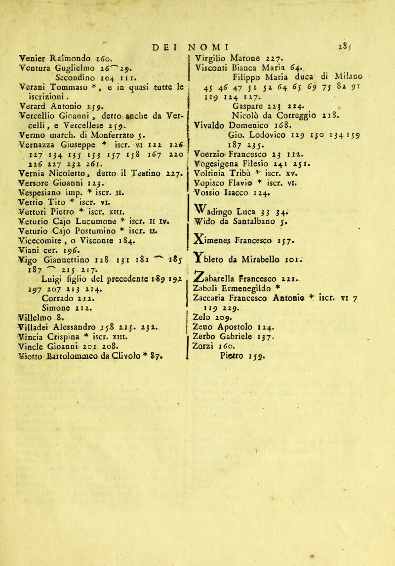 DEI NOMI Venier Raimondo iSo. Ventura Guglielmo 26^29. Secondino 104 in. Verani Tommaso *, e in quasi tutte le iscrizioni . Verard Antonio 1.59. Vercellio Gioanni, detto anche da Ver- celli, c Vercellese 259. Vermo march, di Monferrato 3. Vernazza Giuseppe * iscr. vi 112 116 i*7 154 «35 M3 IS7 1*7 “o 116 227 232 261. Vernia Nicoletto, detto il Teatino 227. Versore Gioanni 123. Vespesiano imp. * iscr. ji. Vettio Tito * iscr. vi. Vettori Pietro * iscr. xiu. Veturio Cajo Lucumone *' iscr. li iv. Veturio Cajo Postumino * iscr. u. Vicecomite , o Visconte 184. Viani cer. 196. Vigo Giannettino 128 131 181 ^ 185 187 215 217. Luigi figlio del precedente 189 192 297 207 213 214. Simone 212. Villelmo 8. Villadei Alessandro .158 2x3. 232. Vincia Crispina * iscr. xm. Vincle Gioanni 202, 208. Viotto Bartolommeo da Gli volo * 87. Virgilio Marone 227. Visconti Bianca Maria 64. Filippo Maria duca 45 46 47 51 5* 64 65 6 219 224 127. Gaspare 223 224. Nicolò da Correggi! Vivaldo Domenico 168. Gio. Lodovico 229 2 187 233. Voerzio Francesco 23 112. Vògesigena Filesio 241 251. Voltinia Tribù * iscr. xv. Vopisco Flavio * iscr. vi. Vossio Isacco 124. Wadingo Luca 33 34. Wido da Santalbano 5. Ximenes Francesco 137. Ybleto da Mirabello 101. 2/abarella Francesco 221. Zaboli Ermenegildo * T19 229. Zelo 209. Zeno Apostolo 124. Zerbo Gabriele 137. Zorzi 160. Pietro 139. *85 di Milano 9 75 82 91 3 2lS. 30 134I39