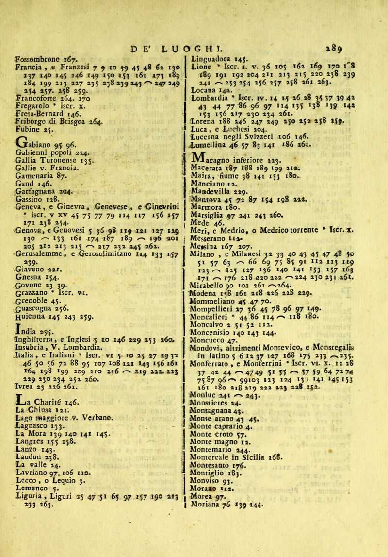 DE’ EU Fossombrone t6j. Francia , e Franzesi 7 9 io 39 45 48 62 130 137 140 145 146 149 150 153 i6x 173 183 184 199 2x3 227 235 238 239 243 247 249 234 257. 258 259. Francoforte 264. 170 Fregarolo * iscr. x. Frera-Bernard 146. Friborgo di Brisgoa 264. Fublne 25. (labiano 9:3 96. Gabienni popoli 224. Gallia Turonense 135. Gallie v. Francia. Gamenaria 87. Gand 146. Garfagnana 204. Gassino 128. Geneva, e Ginevra ^ Genevese ., e Ginevrini » iscr. v xv 45 75 77 79 114 117 156 157 171 238 234. Genova, c Genovesi 5 36 98 119 121 127 129 I3O 133 lèi -I74 187 189 ^ 196 201 205 212 213 21.S ^ 217 232 245 262. Gerusalemme, e Gerosolimitano U4 133 157 139* Giaveno 2.11. Gnesna 154. Covone 23 39. (^razzano * Iscr. vi. Grenoble 45. Guascogna 256. Huienna 145 243 239. India 2-515. Inghilterra, e Inglesi 5 io 146 229 253 260. Inswbria, V. Lombardia. .Italia, c Italiani » Iscr. vi 5 io 25 27 293-2 46 50 56 72 88 95 107 108 121 143 156 i6x 164 198 199 209 210 216 219 222. 22J 229 230 234 252 260. Ivrea 23 226 261. I_ia Charité 146. La Chiusa 121. Lago maggiore v. Verbano. iagnasco 133. La Mora 139 140 141 145. Langres 155 158. Lanzo 143. Laudun 238. La valle 24. Lavriano 97.106 no. Lecco , o Lequio 3. Lemenco 5. «Liguria, Liguri 25 47 51 65 97 157 *9° 2*3 .233 263. > G H I. 189 Linguadoca 145. Lione * Iscr. x. v. 36 105 *62 169 170 i**® 189 191 192 204 211 213 215 220 238 239 241 253 254 256 257 258 261 263. Locana 142. Lombardia * Iscr. iv. 14 14 26 18 35 37 394* 43 44 77 86 96 97 114 *35 ‘19 *4* 153 156 217 230 234 261. ■Lorena 188 246 247 249 250 25» *|8 259. Luca , e -Luchesi 204. Lucerna negli Svizzeri 206 146. Imroellina 46 57 83 141 *86 261. IVlacagno inferiore 223. Macerata 187 188 189 199 21». Maira, fiume 38 141 153 x8o*. Manciano 12. Mandevilla 219. Mantova 45 72 87 *54 198 222. Marmora 180. Marsiglia 97 241 243 260. Mede 46. Meri, e Medrio, o Medrico torrente * Iscr. x. Messerano xx*- Me»sina 167 207. Milano , e Milanesi 32 33 40 43 45 47 48 5-0 51 57 63 /-n 66 69 75 85 91 1*2 1x3 119 123 ^ *25 127 136 140 *4* *53 *57 *63 171 ^-s 176 218 220222 ^224 23023x 26*. Mirabello 90 iox 261 ^264- 'Modena 158 16x 218 226 228 229. Mommeliano 45 47 70. Mompellieri 27 36 45 78 96 97 149- Moncàlieri * 44 86 114 118 x8o. Moncalvo 2 ,51 52 112. 'Moncenisio 140 143 144. Moncucco 47. Mondovì, altrimenti Monrevico, e Monsregalis in latino 5 6 12 37 127 168 175 233 ^235. Monferrato , e Monferrini * Iscr. vi. x. 12 28 37 42 44 '-'4749 5* 15 ^ 57 59 64 72 74 758796'-' 99103 123 124 137 *4* *45*53 x6r 180 218 219 222 223 228 252. Monluc 241 ^ 243. Monstieres 24. Montagnana 43. Monte arano 43 45. -Monte caprario 4. Monte croio 57. Monte magno 12. Montemario 244. Montereale in Sicilia x68- Montesauto 176. Montiglio 183. Monviso 93. Moraao 112. Morea 97. Moriana 76 *39 144.
