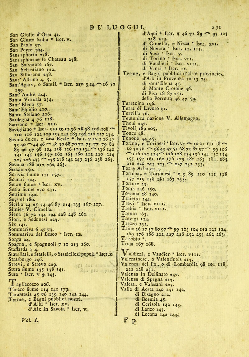 San Giulio d’Orta 45. San Giusto badia * Iscr. v. San Paolo 97. San Peyre_i04. Sansaphorin 138. Sansaphorine le Chateau 238, San Salvatore 167. San Sebastiano 122. San Siforiano 238. Sant' Albano 4. 5. Sant’Agata, o Santià * Iscr. xir 9.,14 ''16 50 '?9 , Sant’ Andre 144. Santa Vittoria 234, Sant’ Elena 57. Sant’Elpidio 220.. Santo Stefano 226. Sardegna 4 76 118. Satriano * Iscr. xin* Savigliano * Iscr. vili 1x12 36 78 98 106 108 no 116 122.129 135 142 183 196 216 227 234. Savoia duca, e casa Reale * Iscr. vxv 2 26 27 33 40 ^ 44 46 ^48 5068.7072 75 77 79 82 83 96 97 98 104 n8 126 129134^236 140 141 145 156 157 161 165 180 212 220 224 225 226 233 ^ 235 238 241 249 2S6 25,8 263. Savona 188 212 262 263. Scozia 250. Seri via fiume in 157... Scutari 124. Seran fiume * Iscr. xv». Sesia fiume 230 231. Settimo 142. Seysfel 180. Sicilia 24 25 34 46 87 114 133 167-207: Simies V. Cimella. Siena 56.72 144 194 228 248 262. Sion, e Sedunesi 223. Six 141. Sommari va 6 47 73. Sommariva del Bosco * Iscr» 12» Sorga 24. Spagna, e Spagnuoli 7 io 213 i6o. Stamrda 3 4. Statdlati, e Statielli, 0 StazieJlesi popoli *Iscr.x. Strasborgo 146. Strevi, e Strevo 229. Stura fiume 135 138 141. Susa * Iscr. v 9 143. iacozzo 206. Tanaro fiume 114 141 179* Tarantasia 45 76 139 140 142 144% .Terme, e Bagni pubblici nostri, d’Albi * Iscr. xv. d’Aix in Savoia * Iscr. v. Voi L d’Aqui * Iscr. x 46 72 89 ^*93 123 218 219. di Cimella,. e Nizza * Iscr. xvi. di Novara * Iscr. 11. uj. di Susa * Iscr. y. di Torino * Iscr. vii. di Vaudieri * Iscr. vm. di Vinai * Iscr. ix. Terme, e Bagni pubblici d’altre provincie». d’Aix in Provenza 12 13 25. di sant’ Elena 45. . di Monte Crotone 46, di Pisa 18 87 251. della Porretta 46 47 59. Terracina 196- Terra di Lavoro 31. Tervilla 36. Teutonica nazione V. Allenjagna, Thoul 247. Tivoli. 189 205, Tonco.jt.8v Tonone 44 45. Torino, e Torinesi * Iscr. vi ^ ij xi rii 48^ w. 32 36 ^> 3843 47 5* 68.71 8797^ 99 106 ^ né 122 124126 128 134136 144 150154 15-5 M7 161 162 176 179 180 183 184 185. 2tO 220 2,2.1 223 ^ 227 232 233. Torre Arborea 4. Tortona, e Tortonesi * 2 3 89 no m i.ig 157 219 158 iéi 163 233. Torture 25. Tours 146 150, Toscana 28 140. Traietto 244. Trevi * Iscr. xi 1 t„. Trebia * Iscr. xni. Trento 163. Trevigi 124. Trezzo 252. Trino 26 27578097^99 1O3 104 ili 12,1 124 169 176 186 222 227 228 252 253 262 263. Trisobio *. Troia 167 168. Valdieri, e Vaudier * Iscr. vm.y Valentinese, o Valentinois 213. Valenza del Po, o di Lombardia 98 ici n& 222 228 231. Valenza in Delfinato 247. Valenza di Spagna 213. Valesa, e Valesani 223. Valle di Aosta 140 141 142, di Bisagno 212. di Bormia 45. di Cerisola 142 143. di Lanzo 143. di Locana 142 143, ff