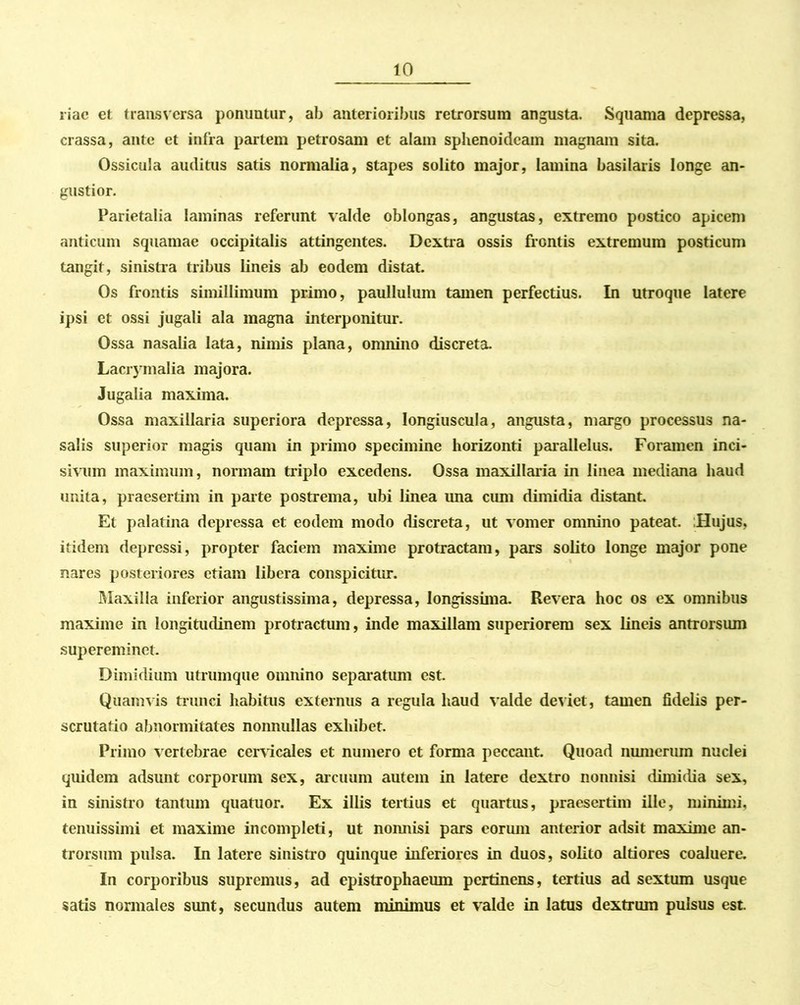 riac et transversa ponuntur, ab anterioribus retrorsum angusta. Squama depressa, crassa, ante et infra partem petrosam et alam sphenoidcam magnam sita. Ossicula auditus satis normalia, stapes solito major, lamina basilaris longe an- gustior. Parietalia laminas referunt valde oblongas, angustas, extremo postico apicem anticum squamae occipitalis attingentes. Dextra ossis frontis extremum posticum tangit, sinistra tribus lineis ab eodem distat. Os frontis simillimum primo, paullulum tamen perfectius. In utroque latere ipsi et ossi jugali ala magna interponitur. Ossa nasalia lata, nimis plana, omnino discreta. Lacrymalia majora. Jugalia maxima. Ossa maxillaria superiora depressa, longiuscula, angusta, margo processus na- salis superior magis quam in primo specimine horizonti parallelus. Foramen inci- sivum maximum, normam triplo excedens. Ossa maxillaria in linea mediana haud unita, praesertim in parte postrema, ubi linea ima cum dimidia distant. Et palatina depressa et eodem modo discreta, ut vomer omnino pateat. Hujus, itidem depressi, propter faciem maxime protractam, pars solito longe major pone nares posteriores etiam libera conspicitur. Maxilla inferior angustissima, depressa, longissima. Revera hoc os ex omnibus maxime in longitudinem protractum, inde maxillam superiorem sex lineis antrorsum supereminet. Dimidium utrumque omnino separatum est. Quamvis trunci habitus externus a regula haud valde deviet, tamen fidelis per- scrutatio abnormitates nonnullas exhibet. Primo vertebrae cervicales et numero et forma peccant. Quoad munerum nuclei quidem adsunt corporum sex, arcuum autem in latere dextro nonnisi dimidia sex, in sinistro tantum quatuor. Ex illis tertius et quartus, praesertim ille, minimi, tenuissimi et maxime incompleti, ut nonnisi pars eorum anterior adsit maxime an- trorsum pulsa. In latere sinistro quinque inferiores in duos, solito altiores coaluere. In corporibus supremus, ad cpistrophaeum pertinens, tertius ad sextum usque satis normales sunt, secundus autem minimus et valde in latus dextrum pulsus est